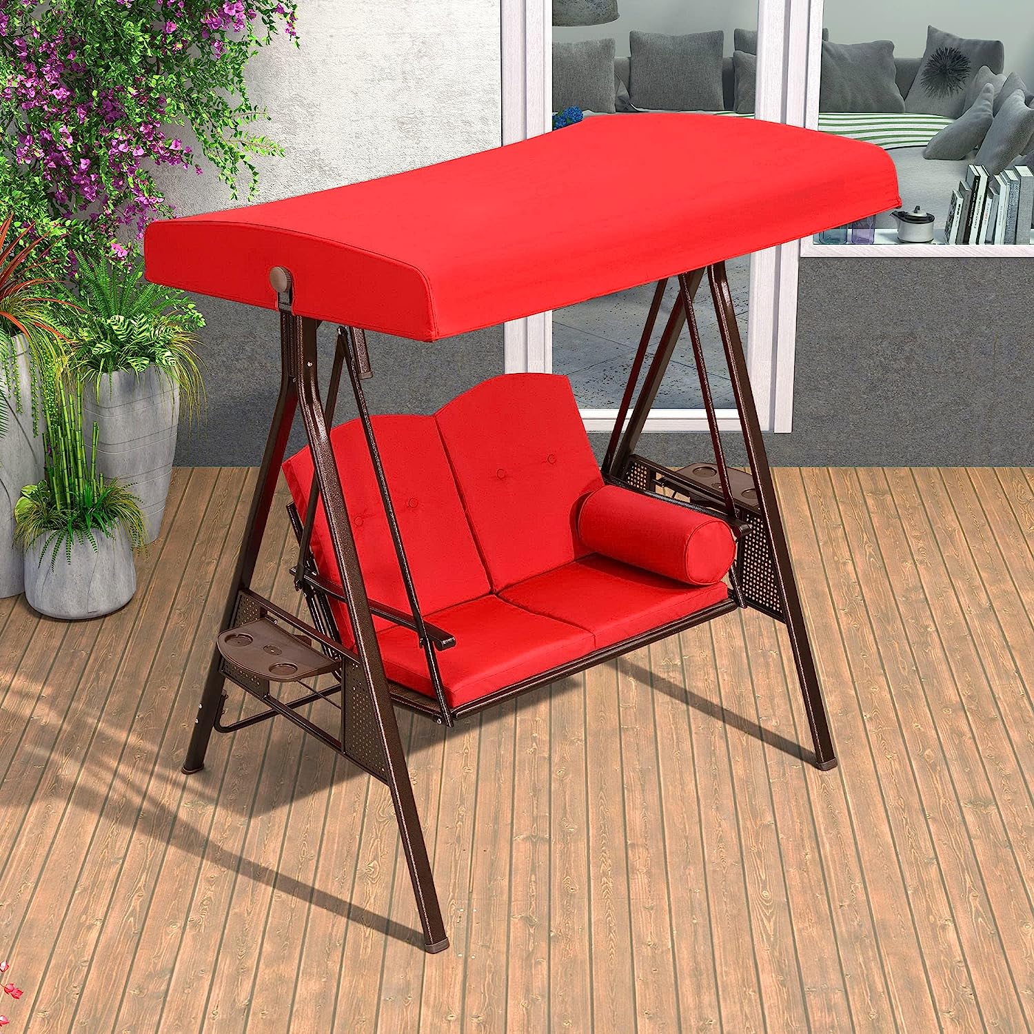 PURPLE LEAF 3-Seat Deluxe Outdoor Patio Porch Swing with Weather Resistant Steel Frame, Adjustable Tilt Canopy, Cushions and Pillow Included, Beige