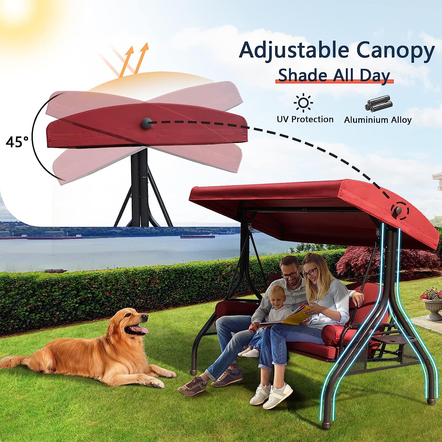 NOBLEMOOD Patio Porch Swing, 3-Seat Outdoor Swing with Adjustable Canopy, Thickened Cushion, Pillow and Foldable Side Tray for Patio, Backyard, Porch Swing Bed for Spring(Khaki)