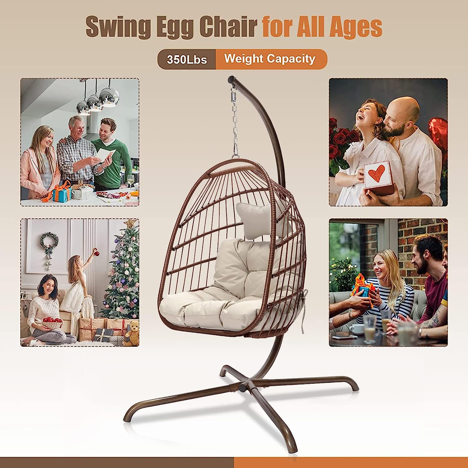 Swing Egg Chair with Stand Indoor Outdoor Wicker Rattan Patio Basket Hanging Chair with UV Resistant Cushions 350lbs Capaticy for Bedroom Balcony Patio (Cream)