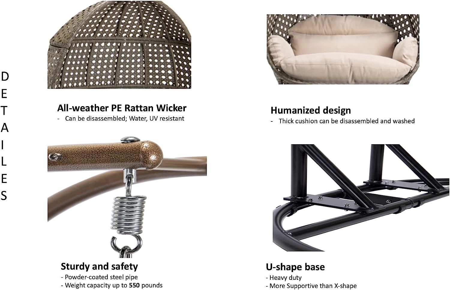 Hanging Egg Chair with Stand, 2 Person Heavy Duty Hanging Wicker Rattan Swing Chair Basket Hammock Nest Chair Seat for Indoor Outdoor Patio Lounger Swinging Loveseat (Beige)