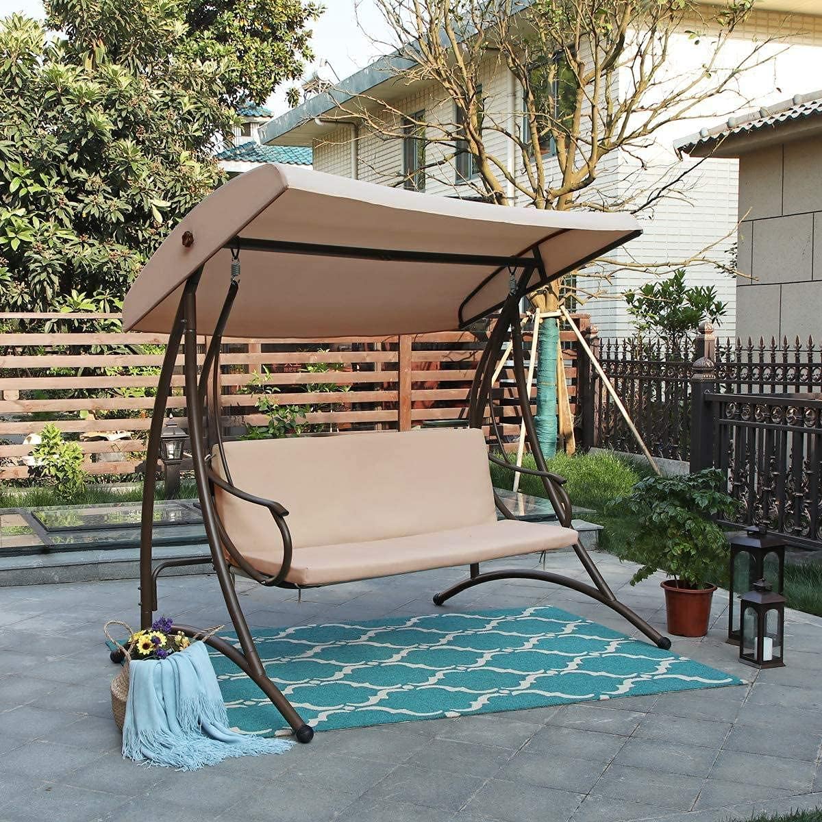 MFSTUDIO 3 Seat Patio Porch Swing, Outdoor Adjustable Canopy Swing Glider with Foldable Side Table and Removable Cushion for,Garden, Poolside, Balcony, Backyard (Beige) …