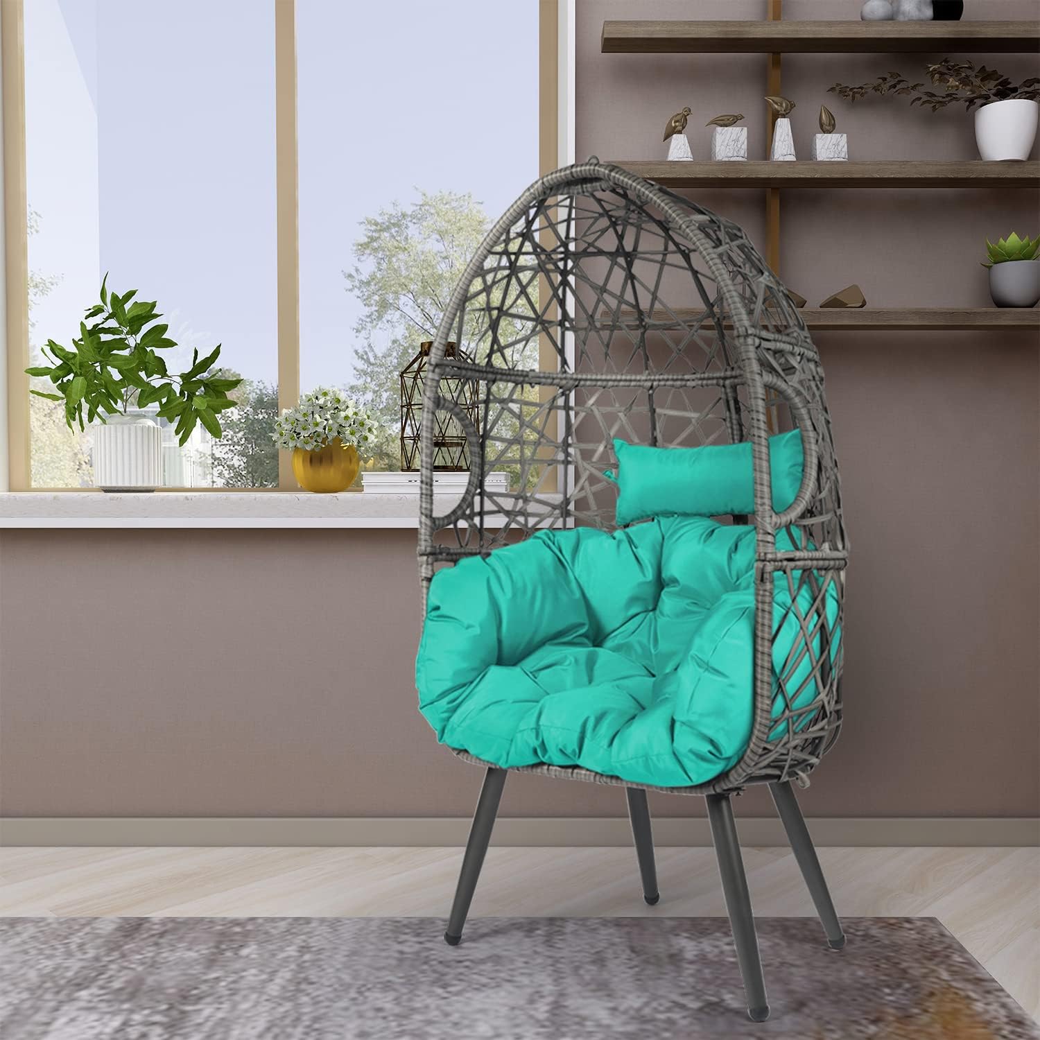 LAZZO Swing Egg Chair, Rattan Hanging Chair, Indoor & Outdoor Hammock Chair with Seat Cushion & Pillow for Patio Porch Lounge Bedroom