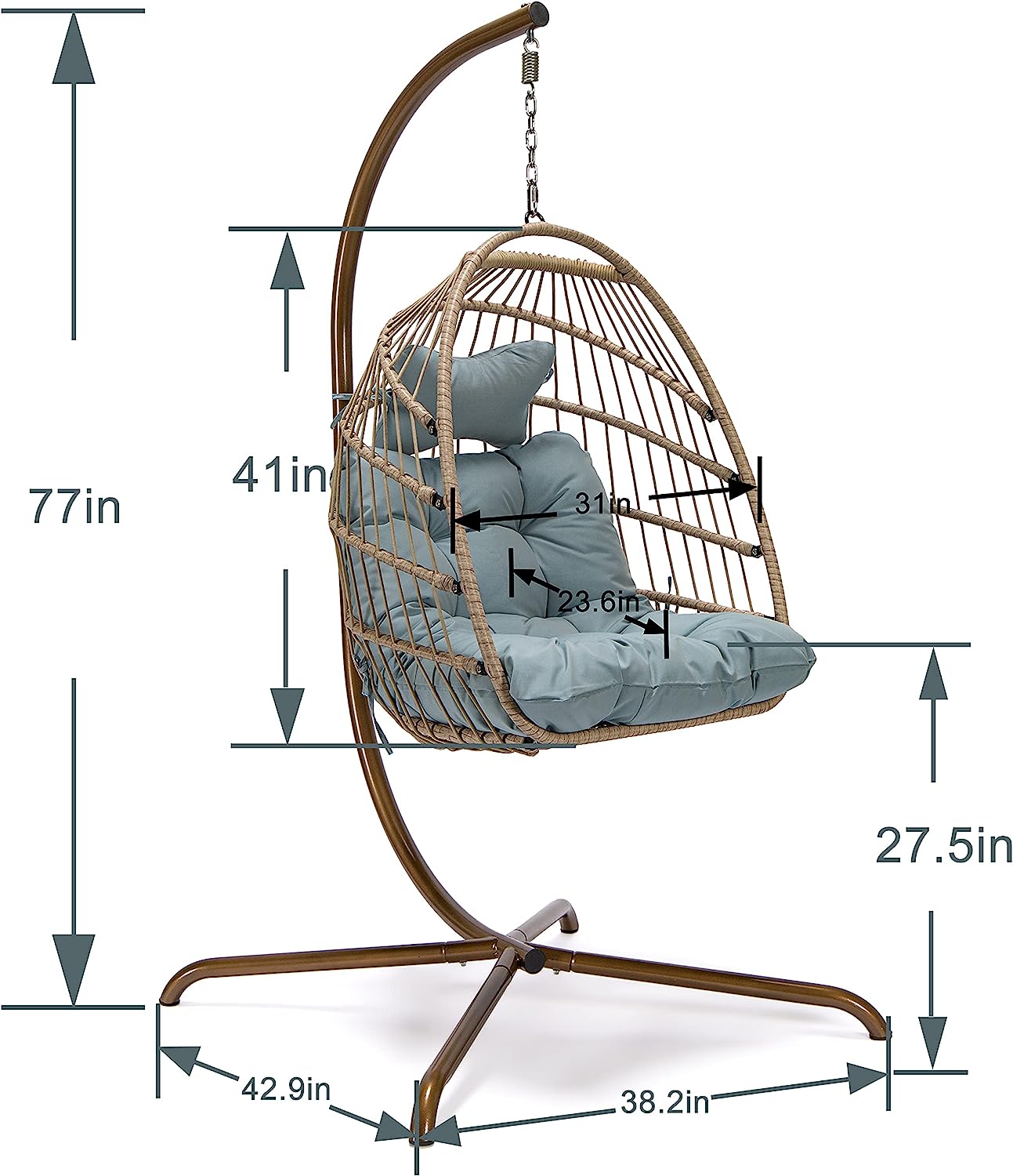 Swing Egg Chair Without Stand Indoor Outdoor Wicker Rattan Patio Basket Hanging Chair with UV Resistant Cushions 265lbs Capaticy for Bedroom Balcony Patio (Without Stand)