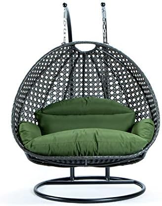 LeisureMod 2 Person Hanging Double Swing Chair, X-Large Wicker Rattan Egg Chair with Stand and Cushion for Indoor Outdoor Patio Garden (Light Green)