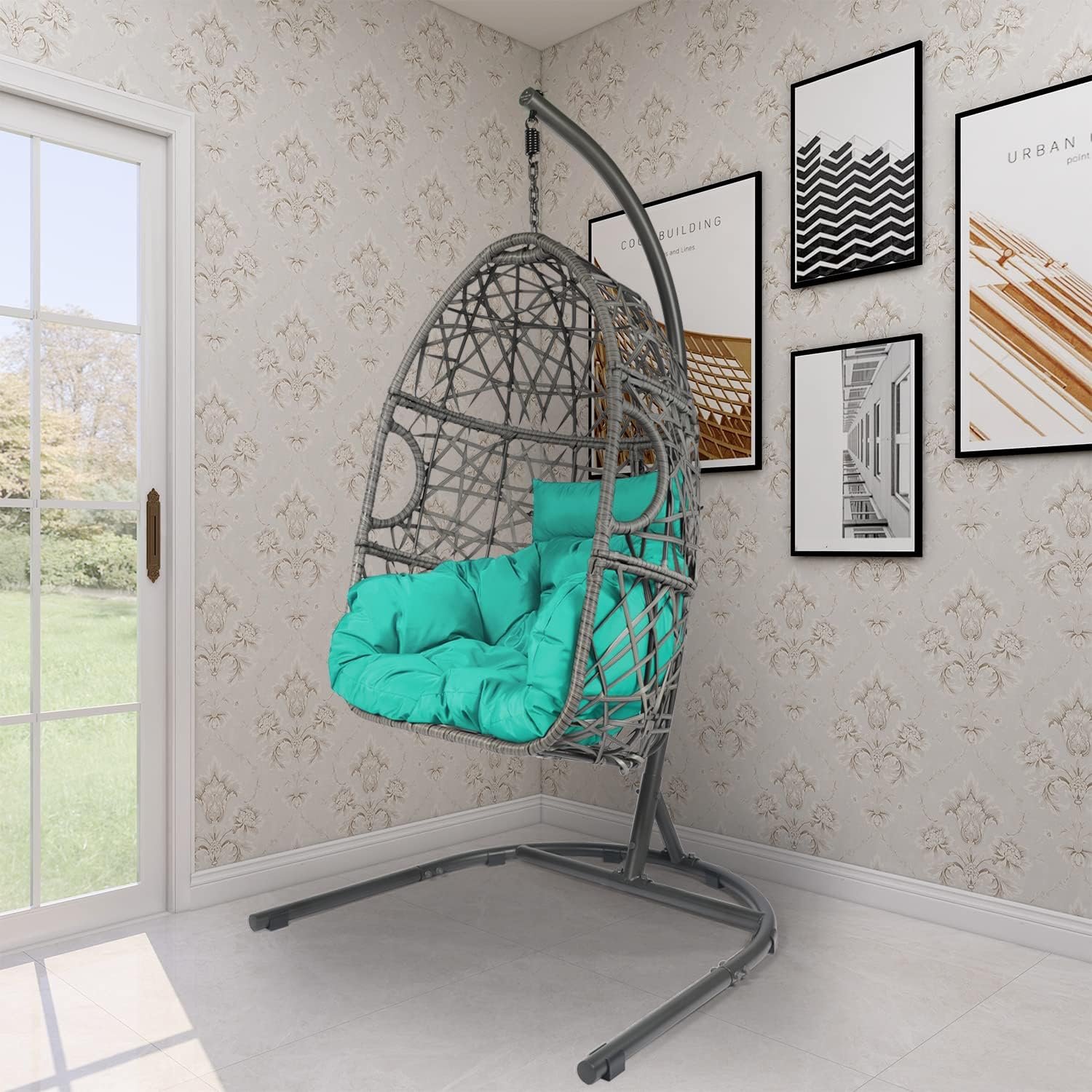 LAZZO Swing Egg Chair, Rattan Hanging Chair, Indoor & Outdoor Hammock Chair with Seat Cushion & Pillow for Patio Porch Lounge Bedroom