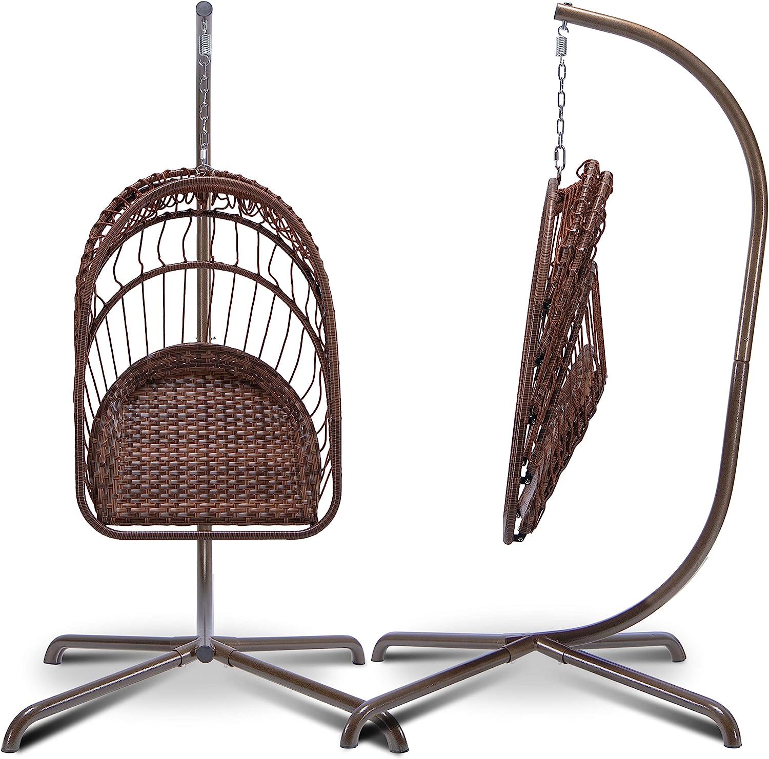 Hanging Chair with Stand Hanging Basket Chair Indoor Outdoor Brown Rattan Wicker Chair Swing with Beige Cushion Swing Chair Hanging Egg Hammock for Patio Yard Living Room Bed Room (Brown)