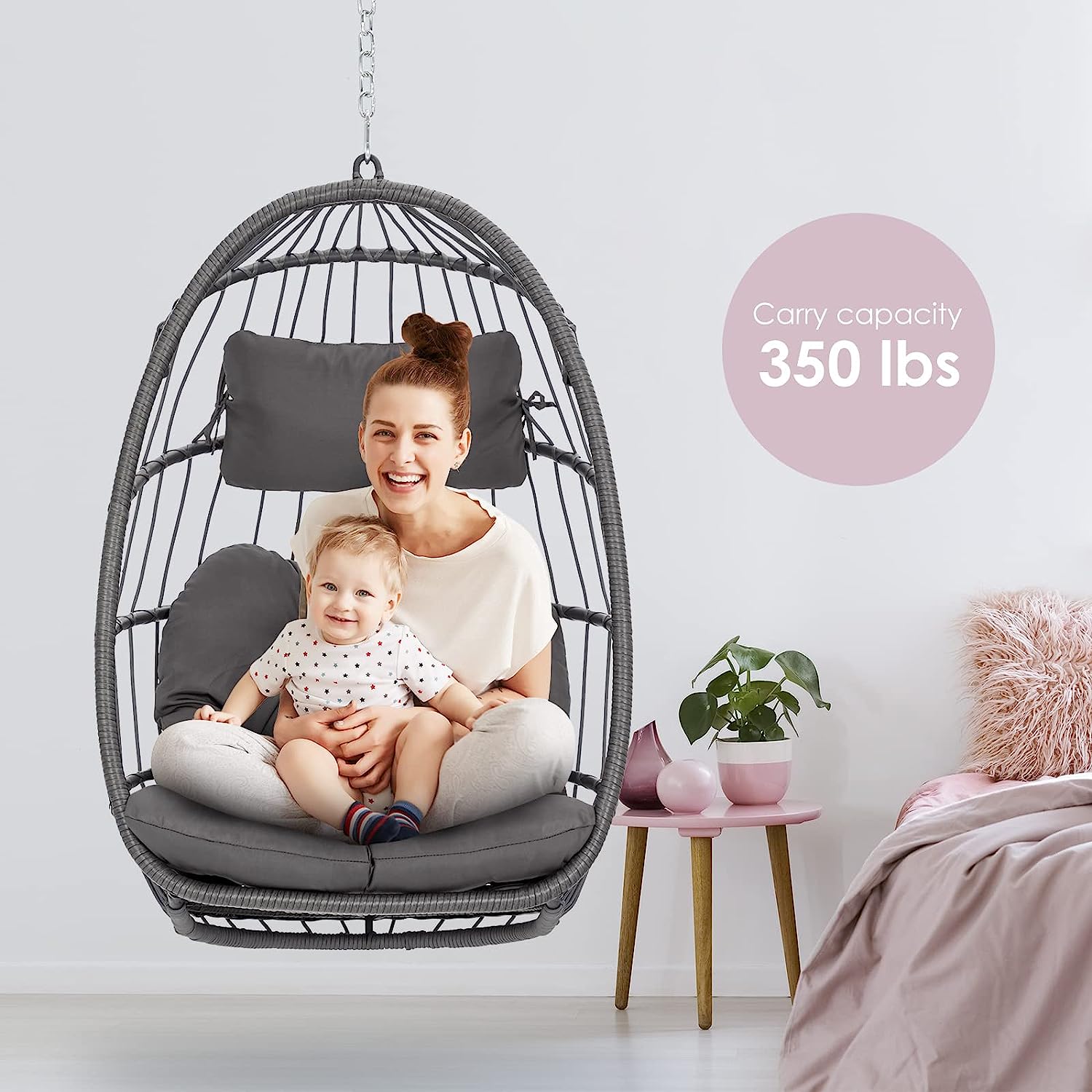 Hanging Egg Chair Without Stand - Foldable Indoor Outdoor Wicker Rattan Swing Egg Chair with Hanging Chain Hammock Chair - UV Resistant Cushions & Aluminum Frame for Bedroom Patio Camping (Grey)