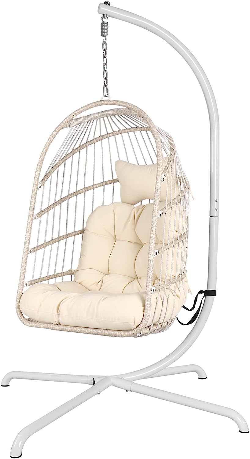 Chihee Egg Chair Foldable Wicker Rattan Hanging Chair Swing Chair Indoor Outdoor Patio Wicker Chair Hammock Chair with Stainless Steel Hanging Kit Chain Link UV Resistant Cushion Bedroom Balcony