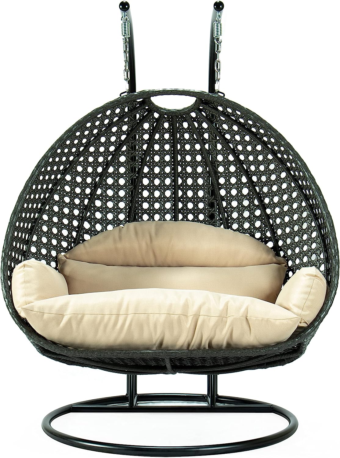 LeisureMod 2 Person Hanging Double Swing Chair, X-Large Wicker Rattan Egg Chair with Stand and Cushion for Indoor Outdoor Patio Garden (Light Green)