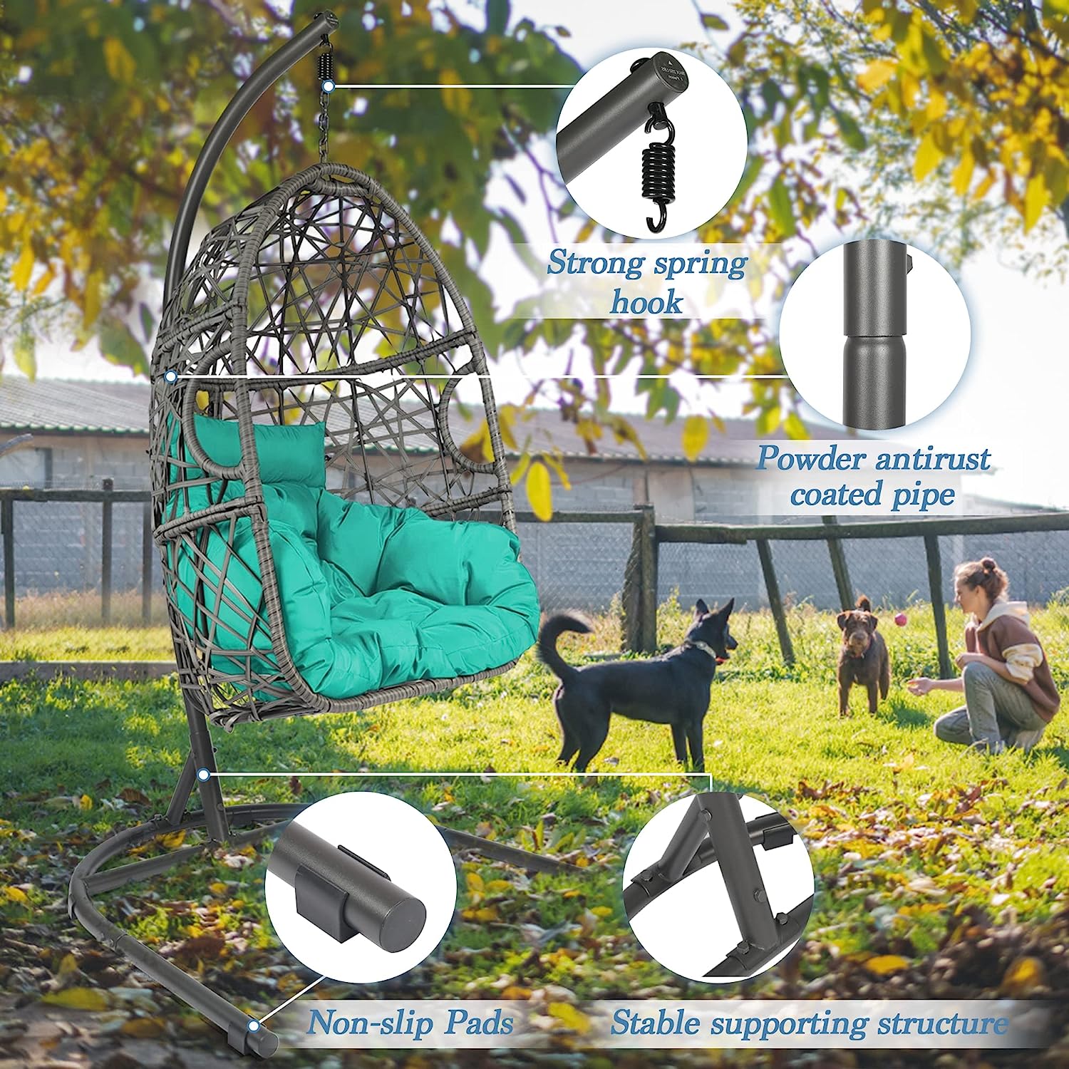 HOPUBUY Hammock Chair Egg Chair with Stand, Hanging Chair with Cushion and Pillow, Rattan Egg Swing Chair for Outdoor Indoor Bedroom, Porch, Balcony, Tree (C-Stand not Included)