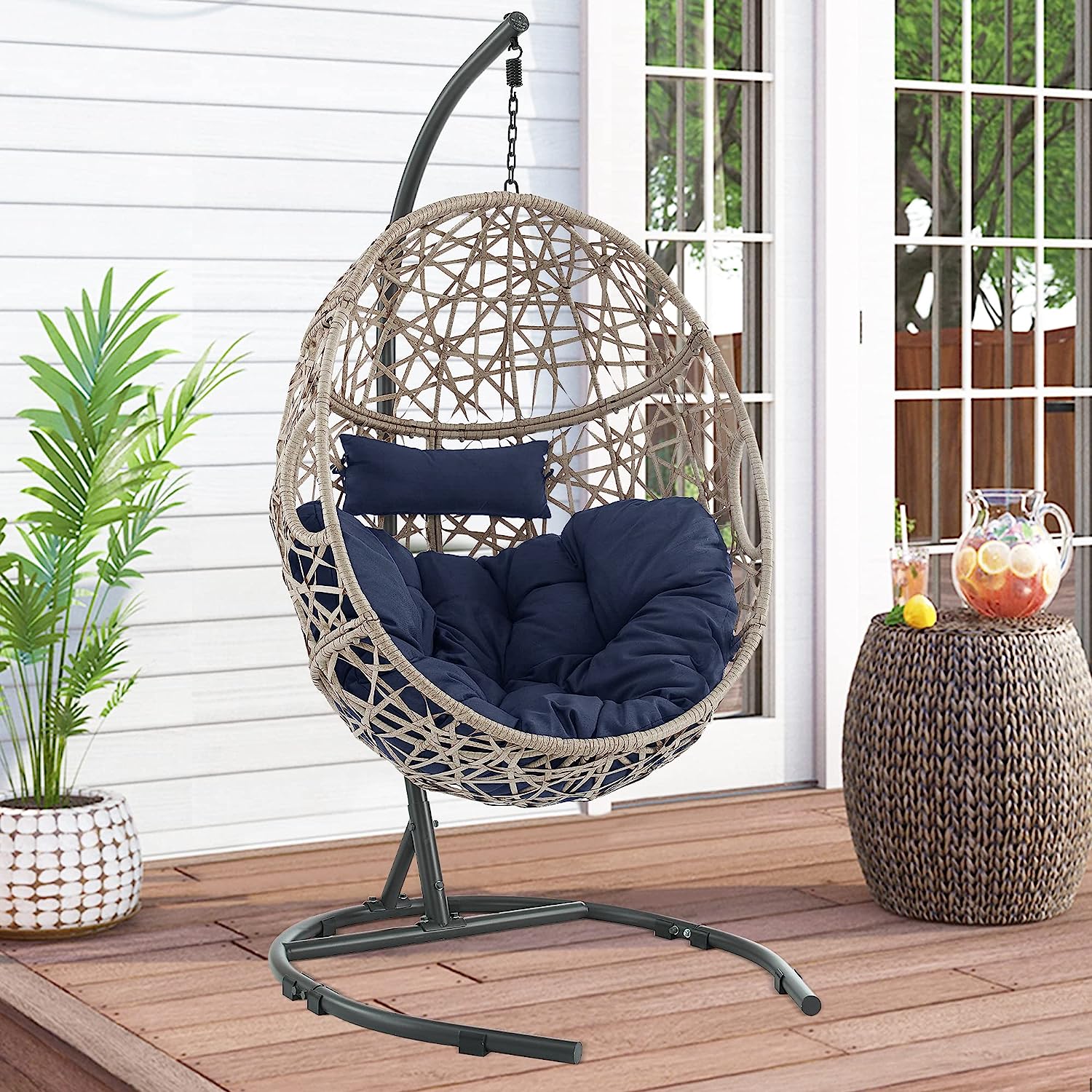 Ulax Furniture Egg Chair, Hanging Swing Chair with Stand, Hanging Lounge Chair, Outdoor Patio Wicker Tear Drop Hammock Chair with Cushion (Navy)