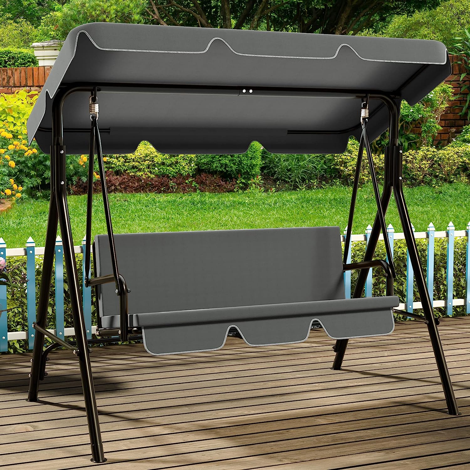 YITAHOME 3-Seat Porch Swing Outdoor Heavy Duty Patio Swing Chair with Stand Adjustable Canopy Soft Cushion for Garden, Patio, Lawn, Balcony and Deck, Black