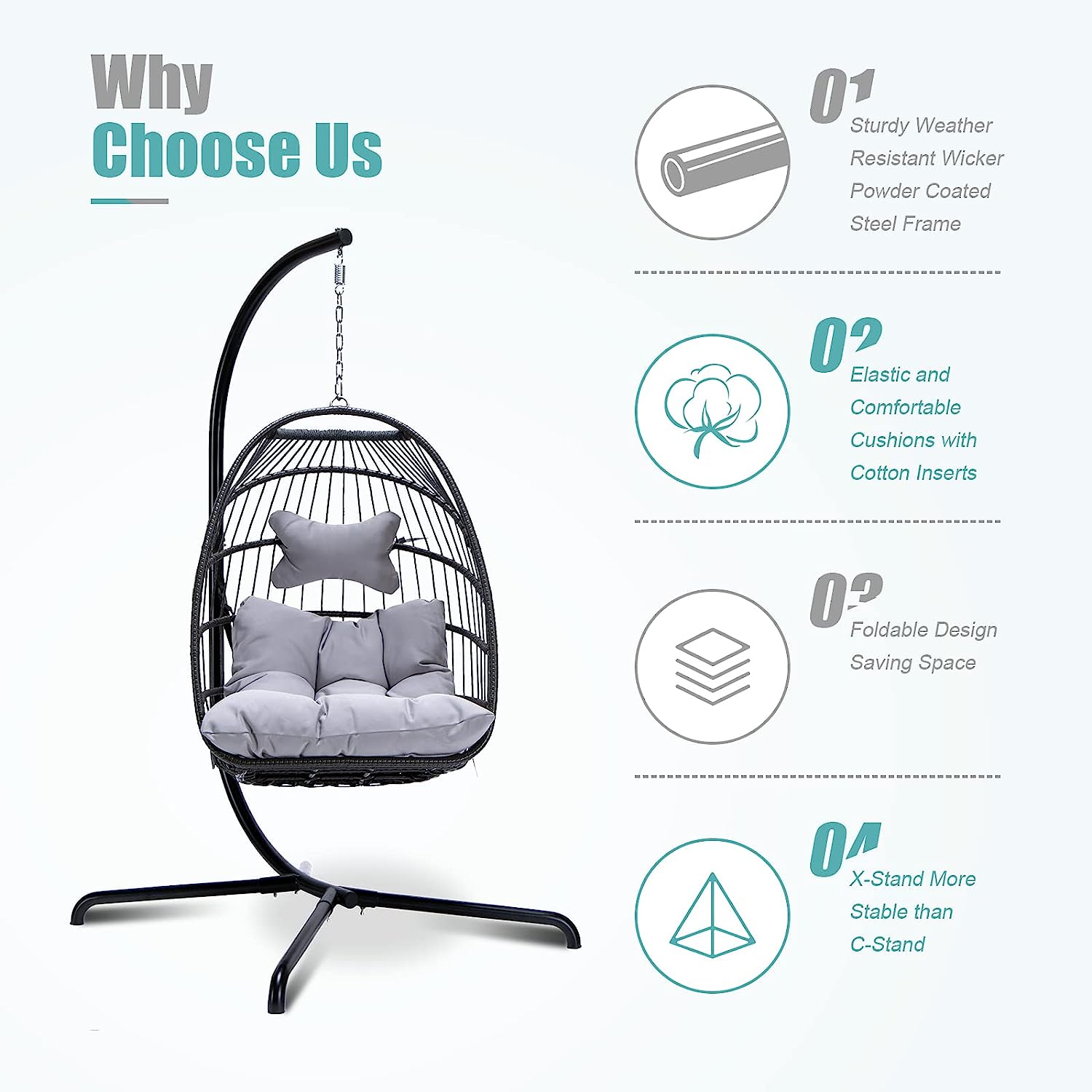 Swing Egg Chair with Stand Indoor Outdoor Wicker Rattan Patio Basket Hanging Chair with UV Resistant Cushions 350lbs Capaticy for Bedroom Balcony Patio (Cream)