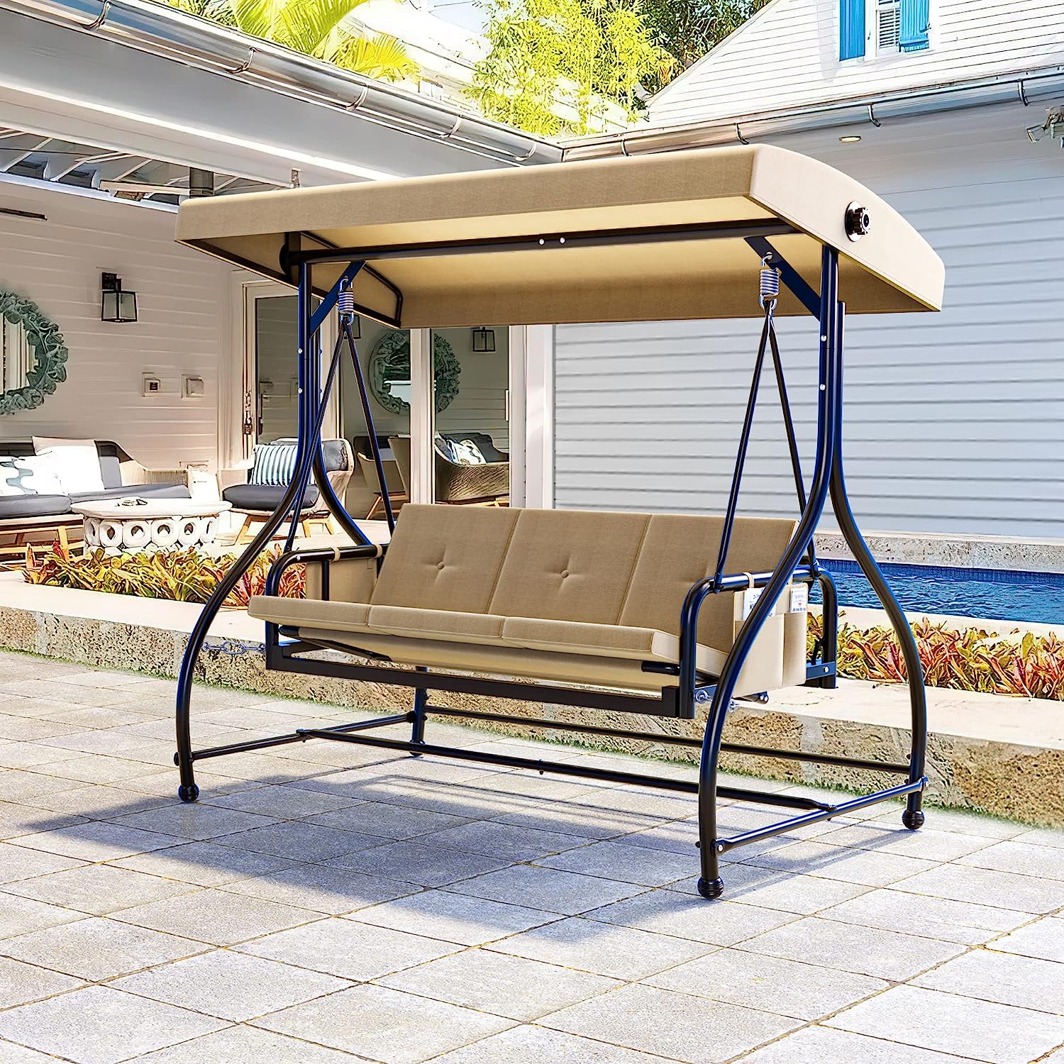 YITAHOME Porch Swing Bed 3-Seats Outdoor Patio Swing Heavy Duty Swing Chair with Adjustable Canopy Removable Cushion, Suitable for Adult in Garden, Poolside, Balcony, Brown