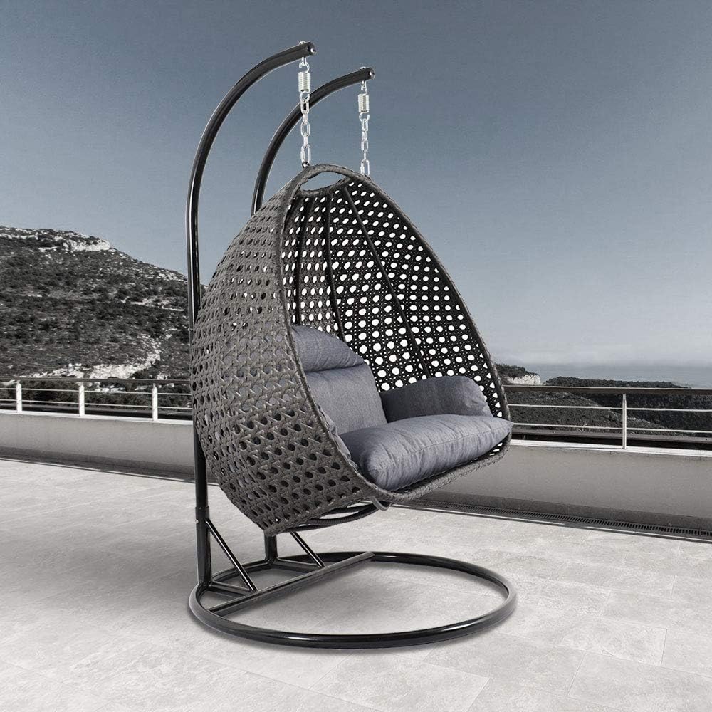 LeisureMod 2 Person Hanging Double Swing Chair, X-Large Wicker Rattan Egg Chair with Stand and Cushion for Indoor Outdoor Patio Garden (Light Green)