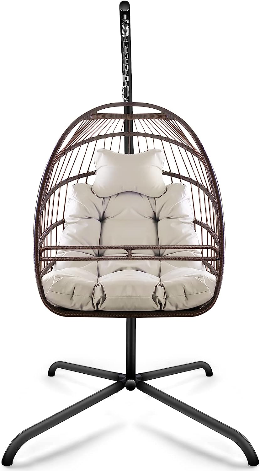 Olela Wicker Egg Swing Chair with Stand Indoor Outdoor,Hanging Egg Chair with Cushion and Pillow,Basket Chair for Bedroom,Living Room or Patio Garden (Natural-Round Base)