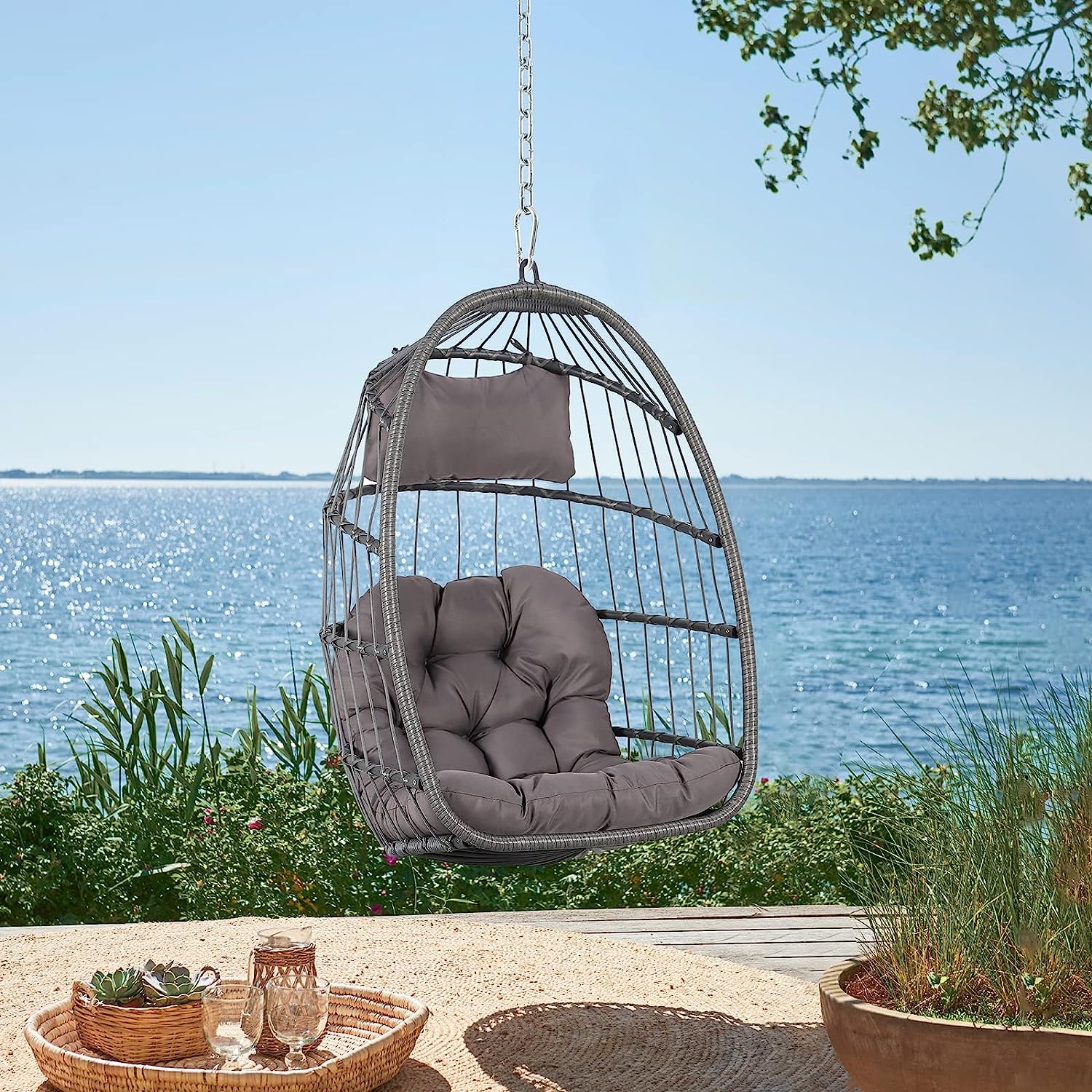 Patiorama Indoor Outdoor Egg Swing Chair with Stand, Patio Grey Wicker Rattan Hanging Chair with Rope Back, Cushion,Cover,All Weather Foldable Hammock Chair for Bedroom, Garden (Light Grey)