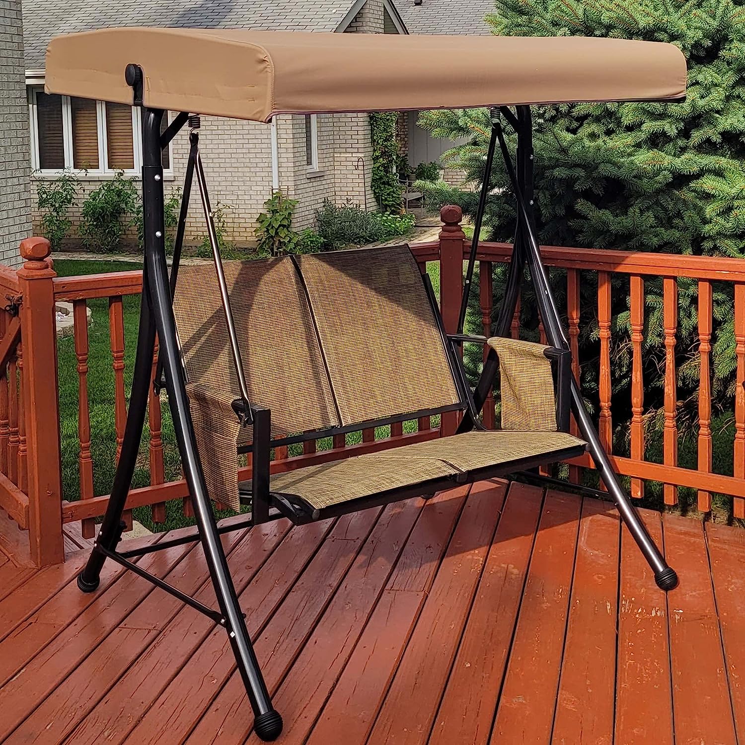 PURPLE LEAF 2-Seat Deluxe Outdoor Patio Porch Swing with Weather Resistant Steel Frame, Adjustable Tilt Canopy, Beige