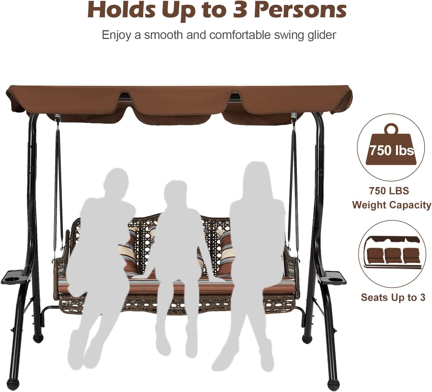 AECOJOY 3-Seat Outdoor Patio Swing Chair, Large Converting Canopy Porch Swing Glider, Hammock Lounge Chair for Porch, Rattan Wicker Steel Frame Cushion & Pillow, Brown