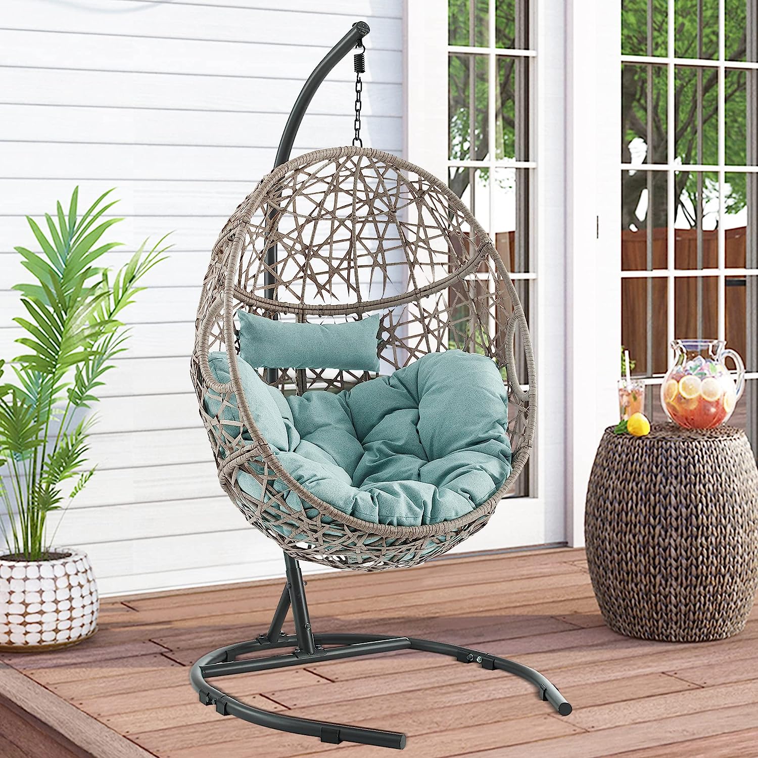 Ulax Furniture Egg Chair, Hanging Swing Chair with Stand, Hanging Lounge Chair, Outdoor Patio Wicker Tear Drop Hammock Chair with Cushion (Navy)