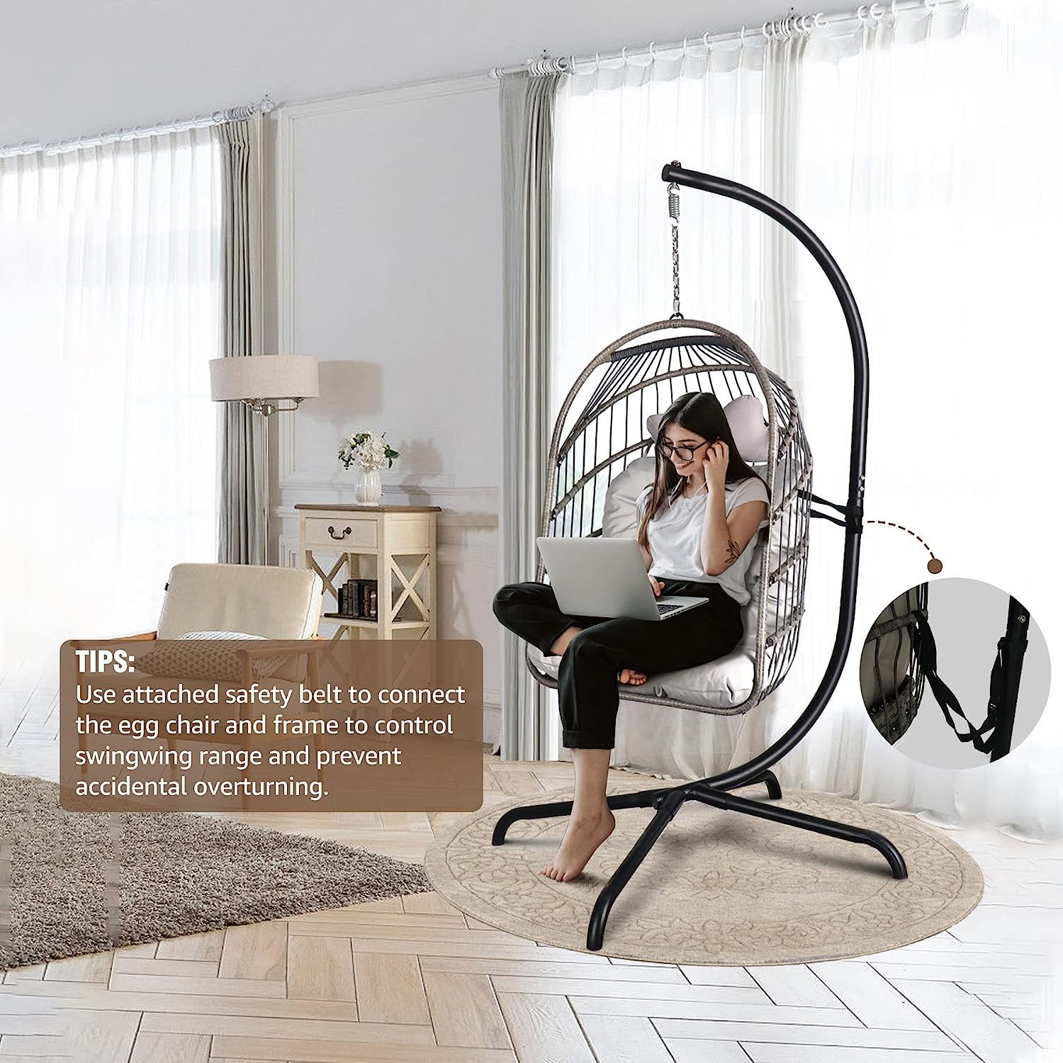 Chihee Egg Chair Foldable Wicker Rattan Hanging Chair Swing Chair Indoor Outdoor Patio Wicker Chair Hammock Chair with Stainless Steel Hanging Kit Chain Link UV Resistant Cushion Bedroom Balcony