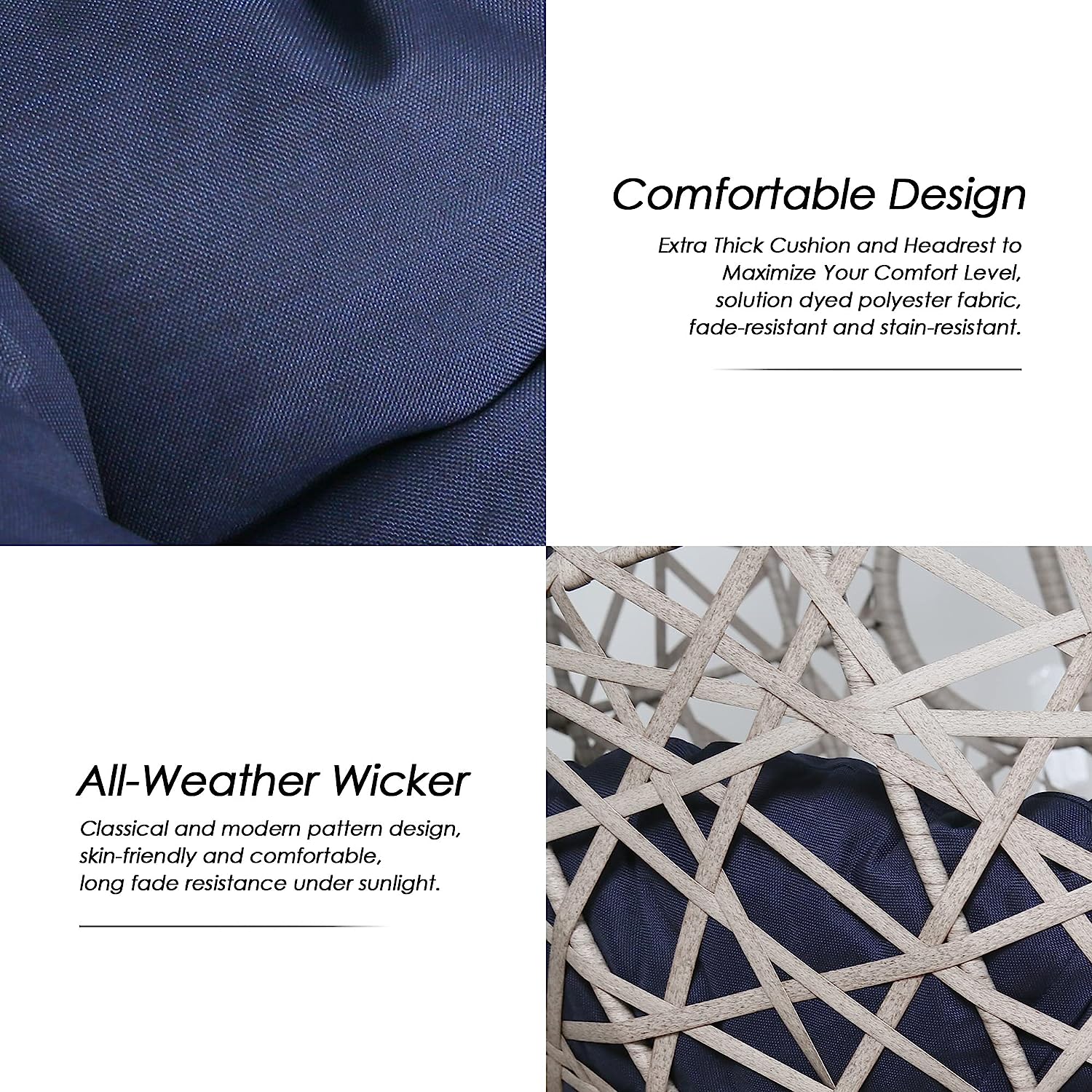 Iwicker Outdoor Rattan Egg Hanging Swing Chair with Cushions and Stand (Beige)