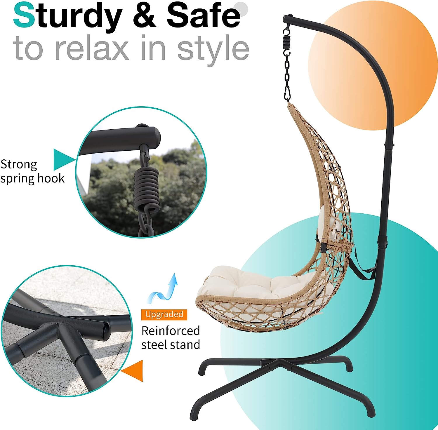 SUNSITT Swing Egg Chair Outdoor Indoor Wicker Hammock Hanging Chair Patio Lounge Chair with Stand and Cushions for Balcony, Deck, Bedroom, Grey Wicker