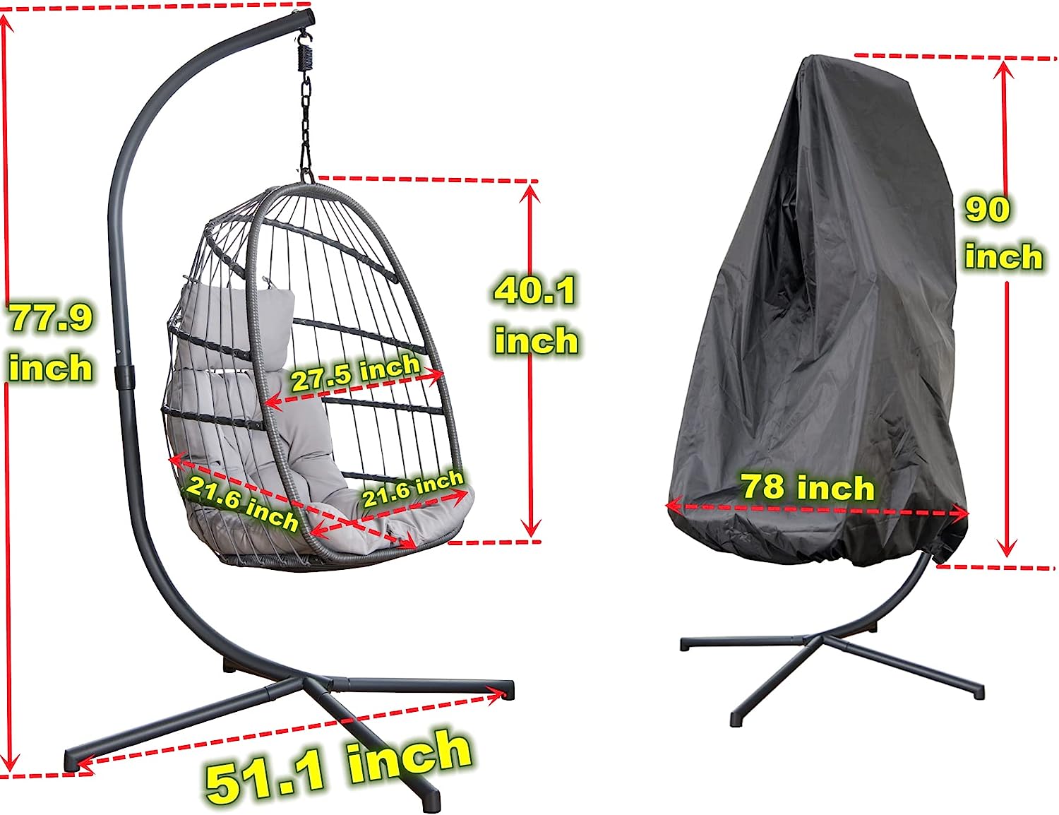 MOJIA Egg Chair with Stand and Oxford Cover, Patio Wicker Hanging Swing Chair with UV Resistant Cushion and Foldable Seat Basket