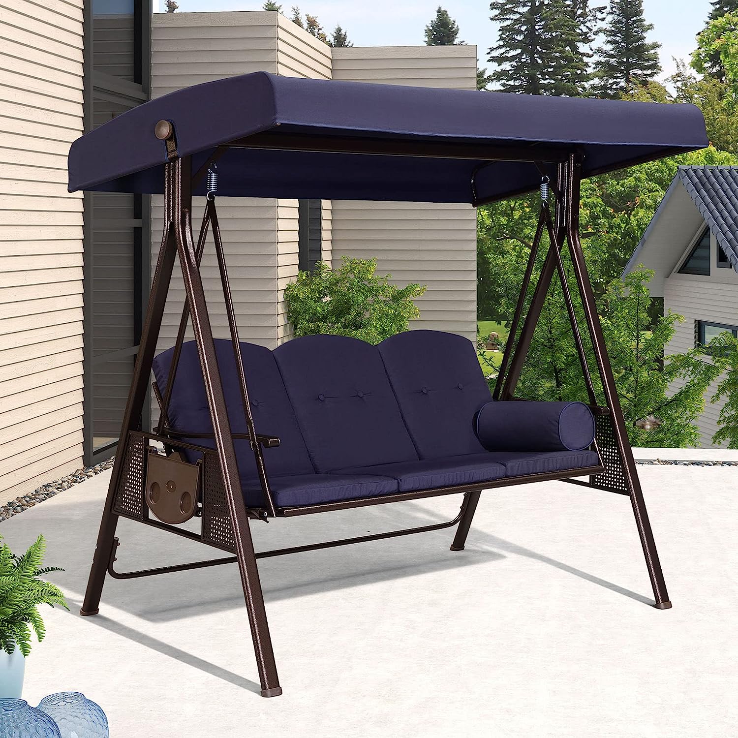PURPLE LEAF 3-Seat Deluxe Outdoor Patio Porch Swing with Weather Resistant Steel Frame, Adjustable Tilt Canopy, Cushions and Pillow Included, Beige