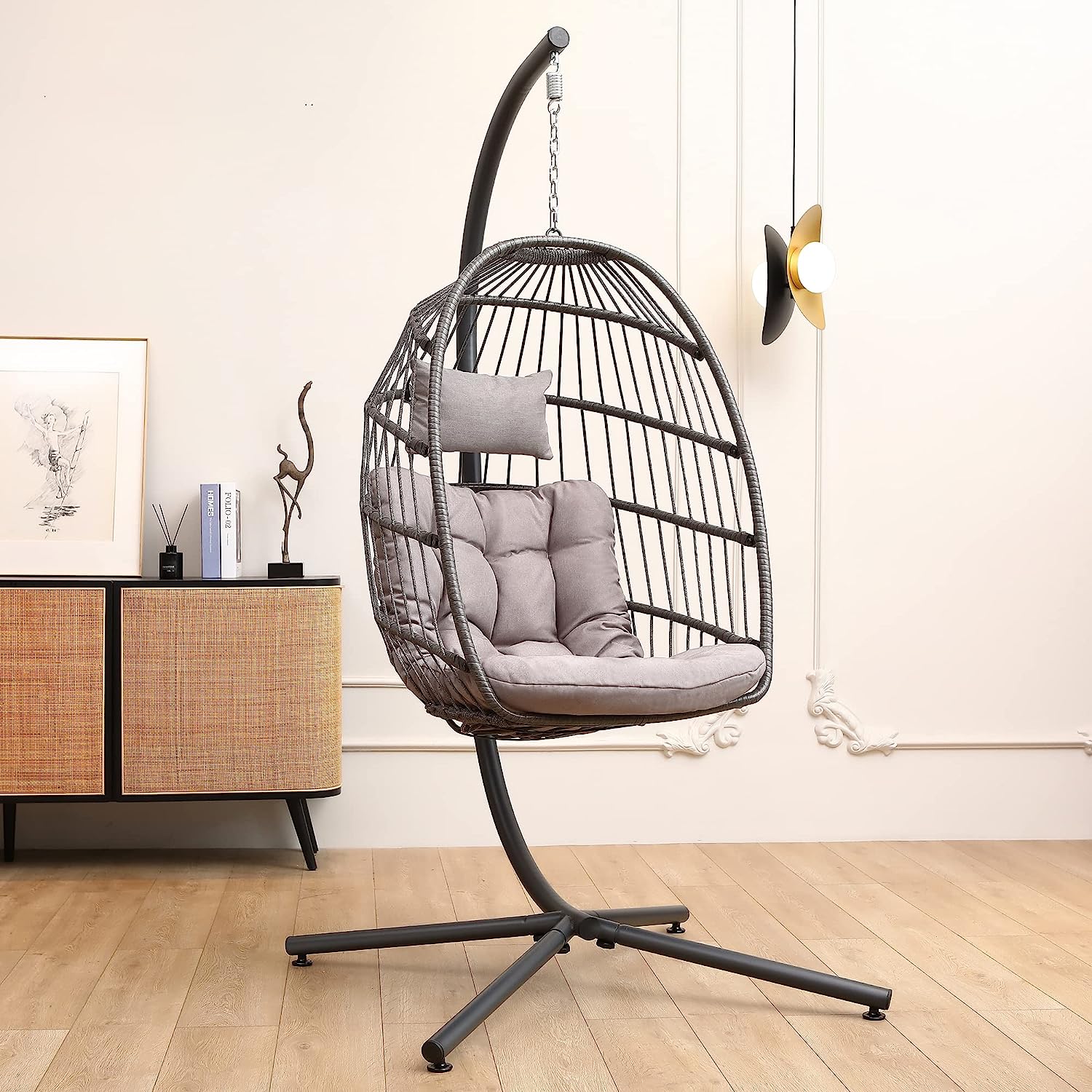 SWITTE Hanging Egg Chair with Stand, Egg Swing Hammock Chair with Stand, Indoor Outdoor Wicker Egg Chair with Cushion Headrest for Patio Bedroom Porch Garden, 350LBS Capacity(Dark Grey)