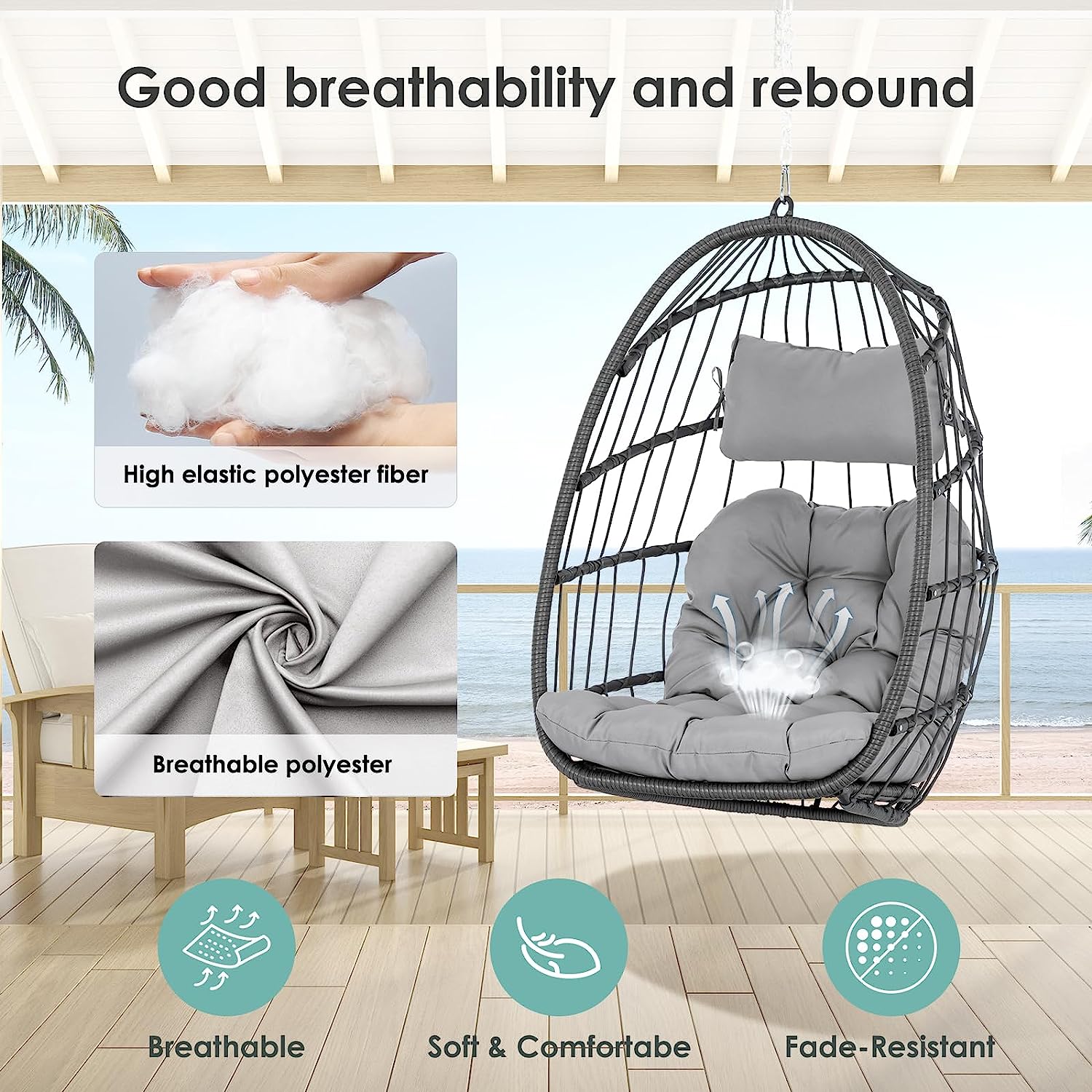 Hanging Egg Chair Without Stand - Foldable Indoor Outdoor Wicker Rattan Swing Egg Chair with Hanging Chain Hammock Chair - UV Resistant Cushions & Aluminum Frame for Bedroom Patio Camping (Grey)