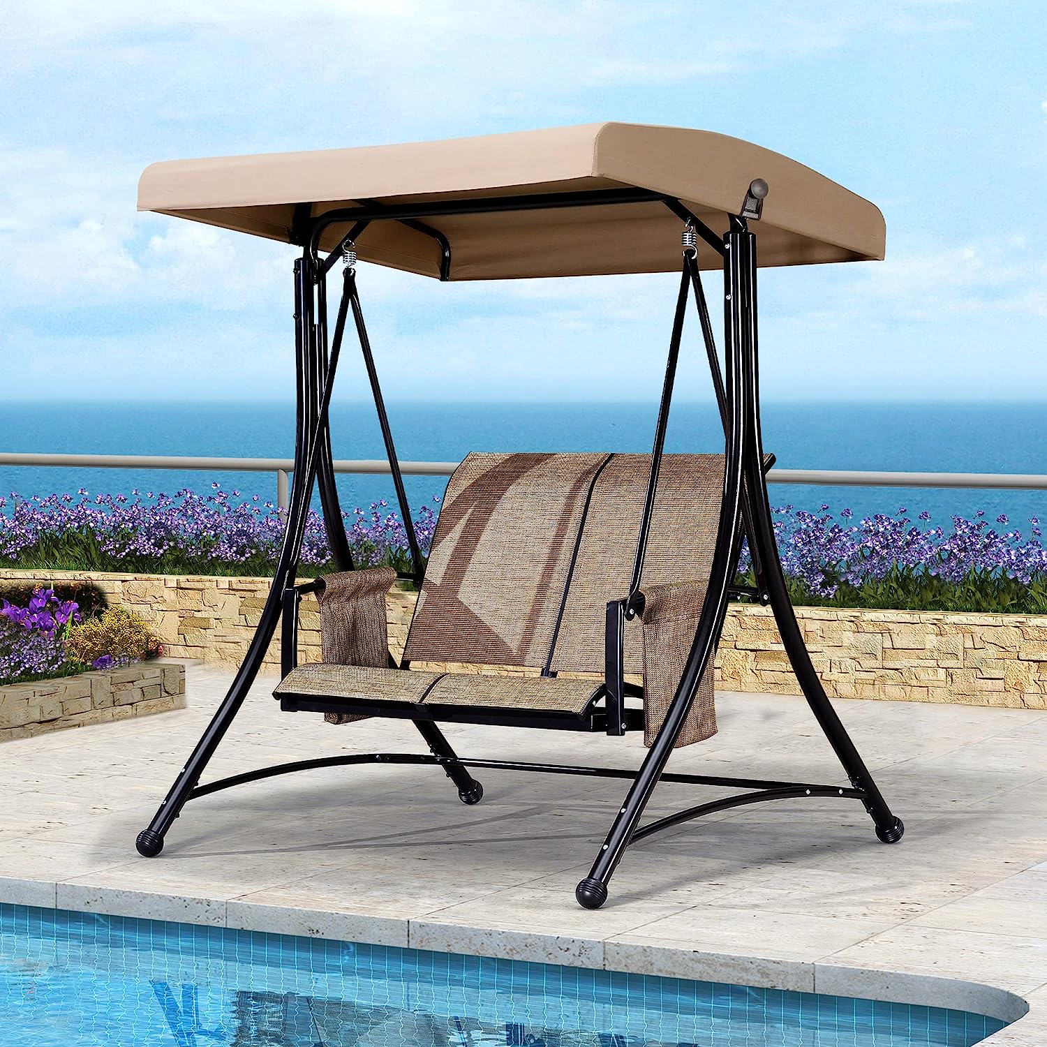 PURPLE LEAF 2-Seat Deluxe Outdoor Patio Porch Swing with Weather Resistant Steel Frame, Adjustable Tilt Canopy, Beige