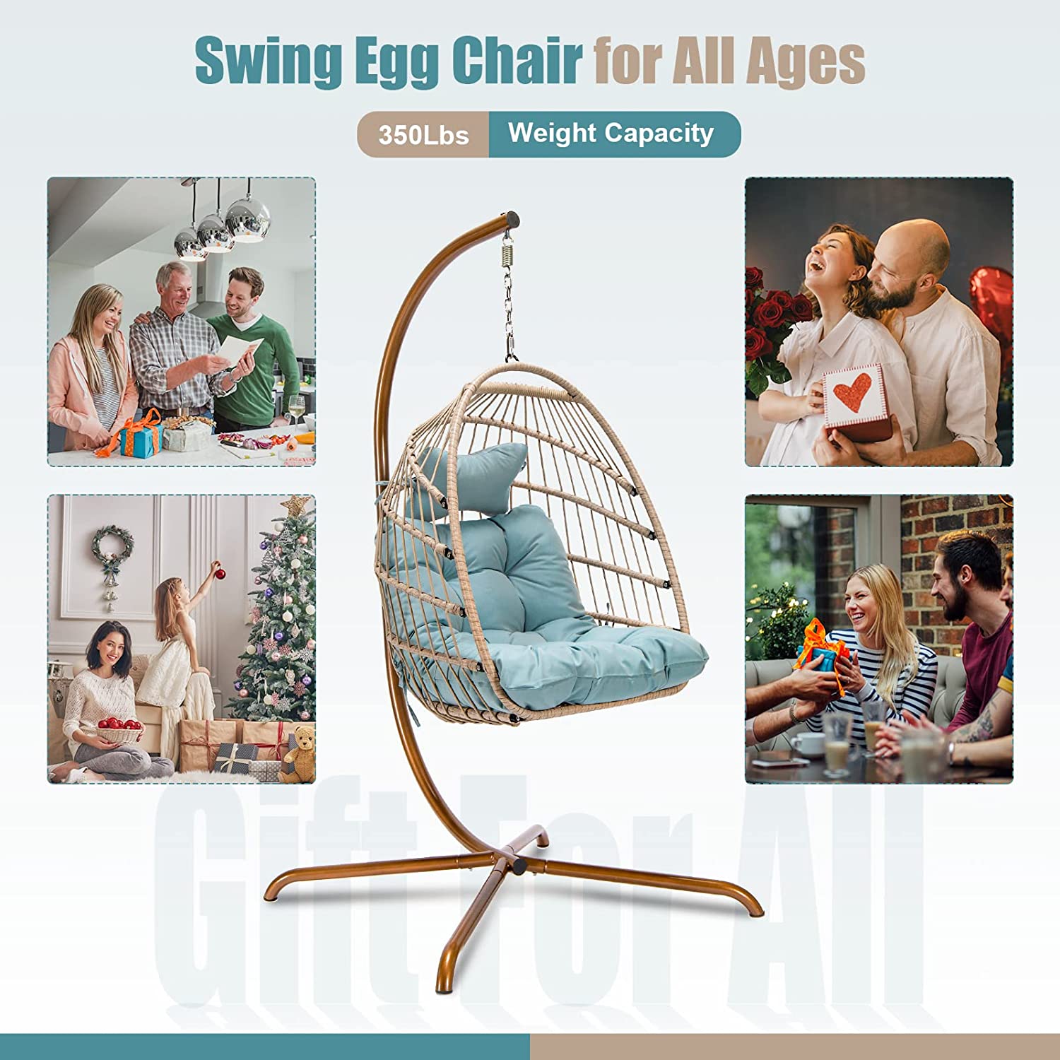 Swing Egg Chair with Stand Indoor Outdoor Wicker Rattan Patio Basket Hanging Chair with UV Resistant Cushions 350lbs Capaticy for Bedroom Balcony Patio (Cream)