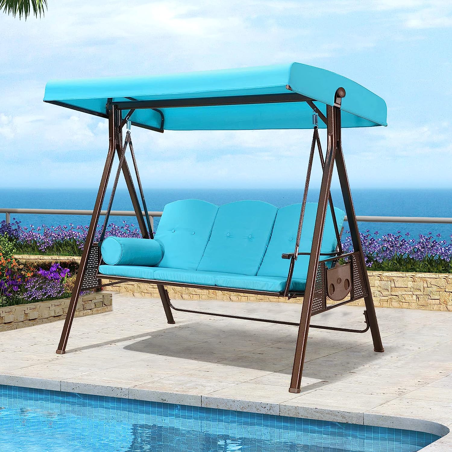 PURPLE LEAF 3-Seat Deluxe Outdoor Patio Porch Swing with Weather Resistant Steel Frame, Adjustable Tilt Canopy, Cushions and Pillow Included, Beige