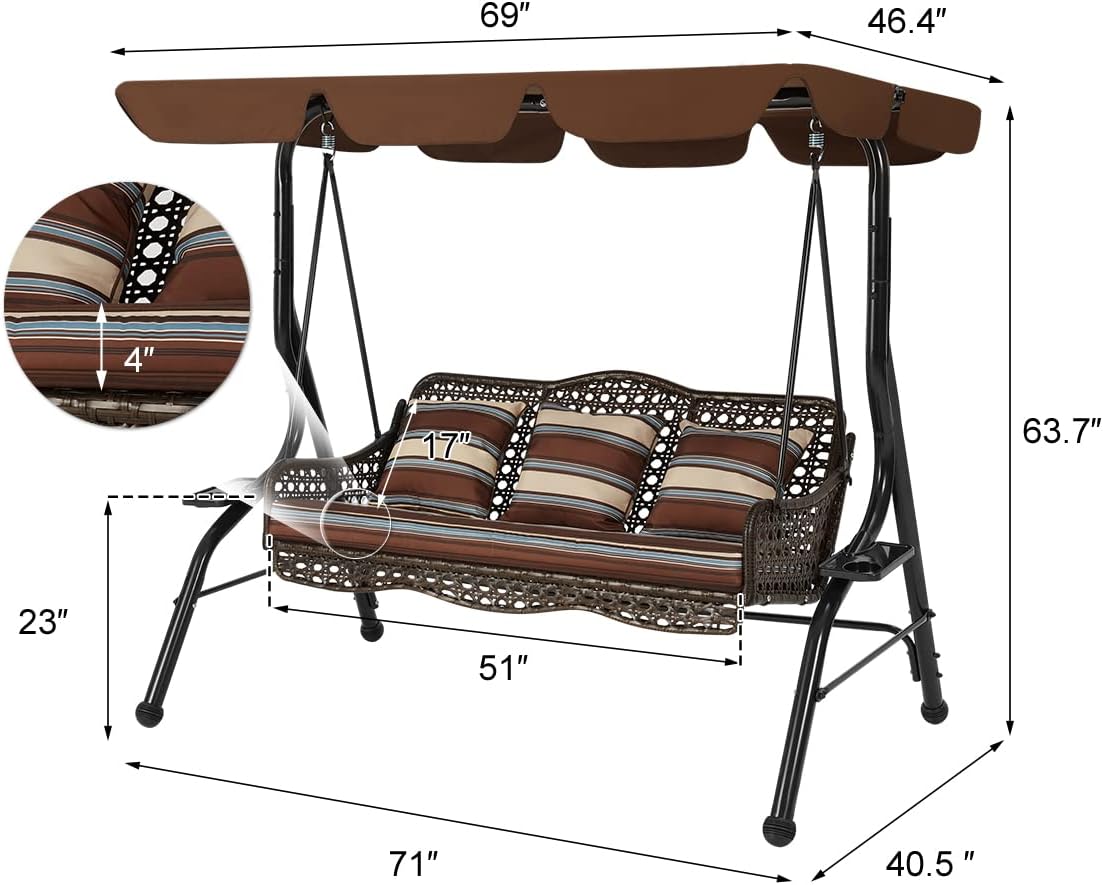 AECOJOY 3-Seat Outdoor Patio Swing Chair, Large Converting Canopy Porch Swing Glider, Hammock Lounge Chair for Porch, Rattan Wicker Steel Frame Cushion & Pillow, Brown