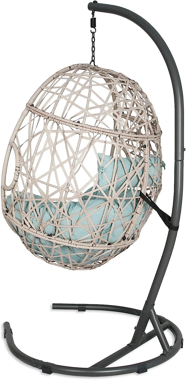 Iwicker Outdoor Rattan Egg Hanging Swing Chair with Cushions and Stand (Beige)