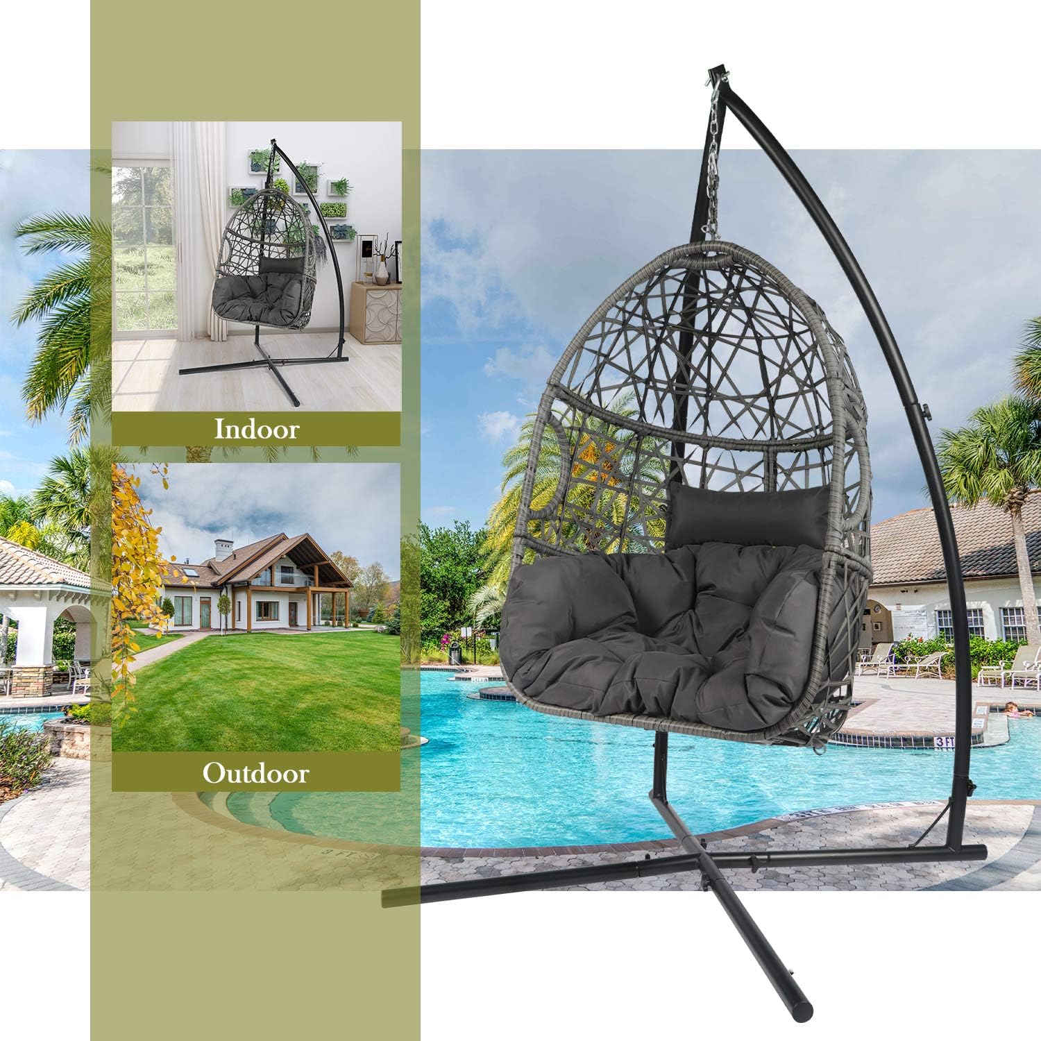 LAZZO Swing Egg Chair, Rattan Hanging Chair, Indoor & Outdoor Hammock Chair with Seat Cushion & Pillow for Patio Porch Lounge Bedroom