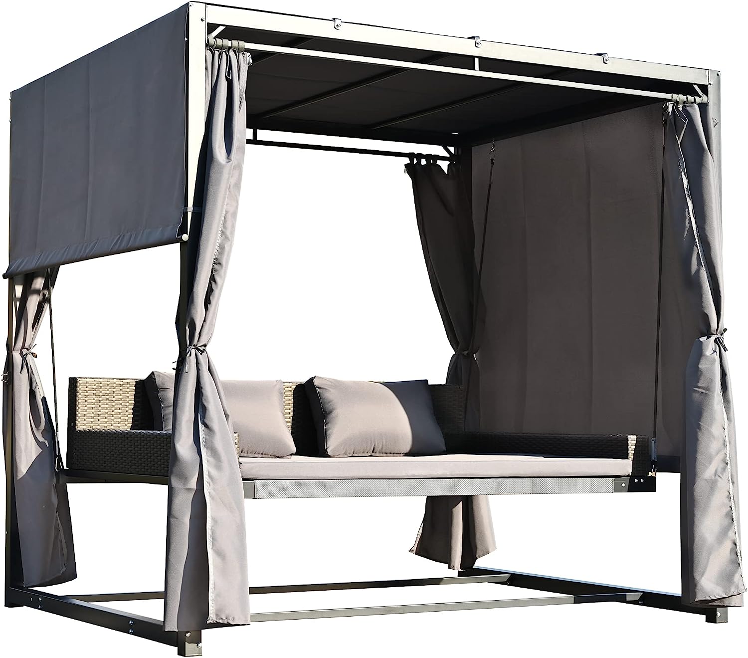 Patio 51.9” 2-Person Swing Chair,Outdoor Rattan Woven Hanging Seat with Adjustable Rope and Cushion,for Porch Lawn Garden Backyard Balconies (Black&b)