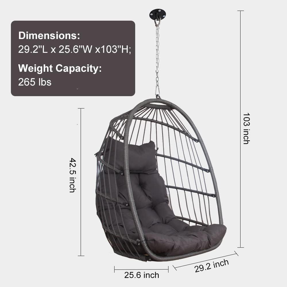 Indoor Outdoor Patio Wicker Hanging Chair Swing Egg Basket Chairs with Stand UV Resistant Cushions 350lbs Capaticy for Patio Backyard Balcony Xmas Gift
