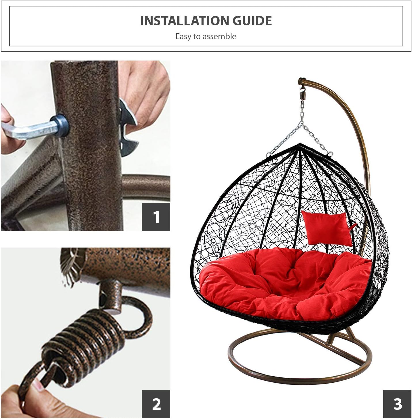 J.M.Deco Porch Swing Chair with Stand, Cushion & Pillow, Goldden Egg Rattan Wicker Swing Hanging Chair, Hammock Chair for Indoor, Outdoor, Garden, Backyard & Patio