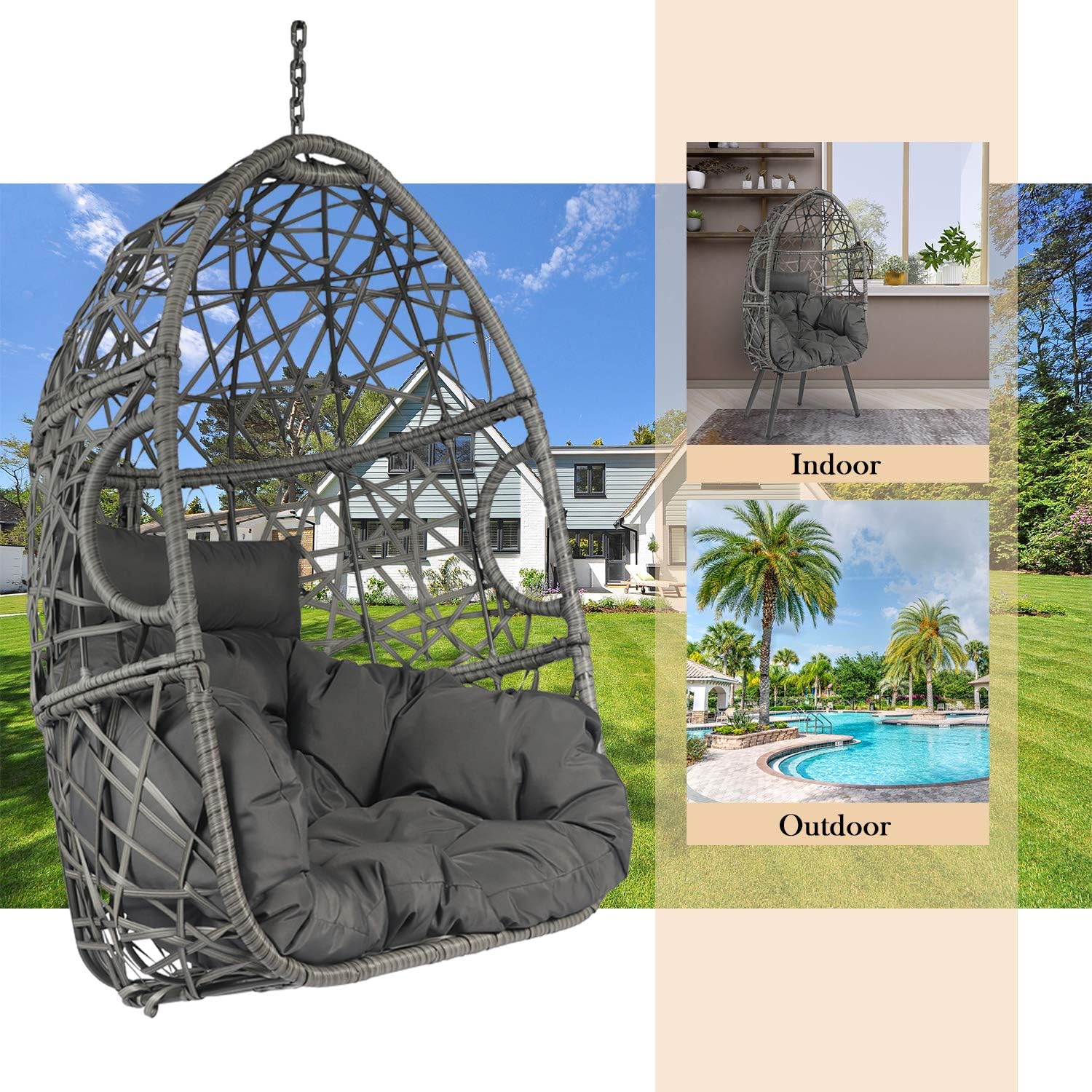 LAZZO Swing Egg Chair, Rattan Hanging Chair, Indoor & Outdoor Hammock Chair with Seat Cushion & Pillow for Patio Porch Lounge Bedroom
