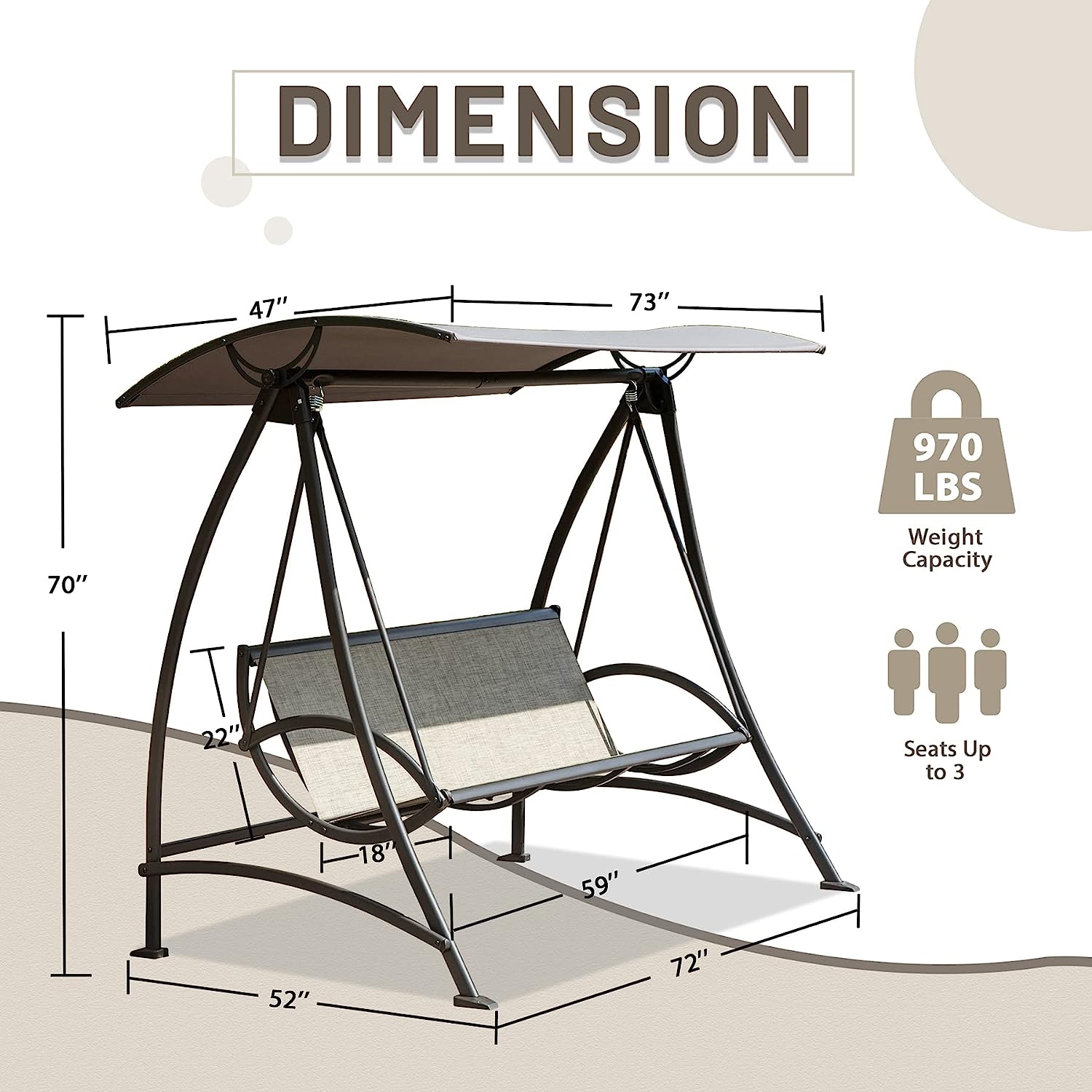 Domi 3-Seat Patio Swing Chair, Outdoor Porch Swing with Adjustable Canopy and Durable Steel Frame, Patio Swing Glider for Garden, Deck, Porch, Backyard