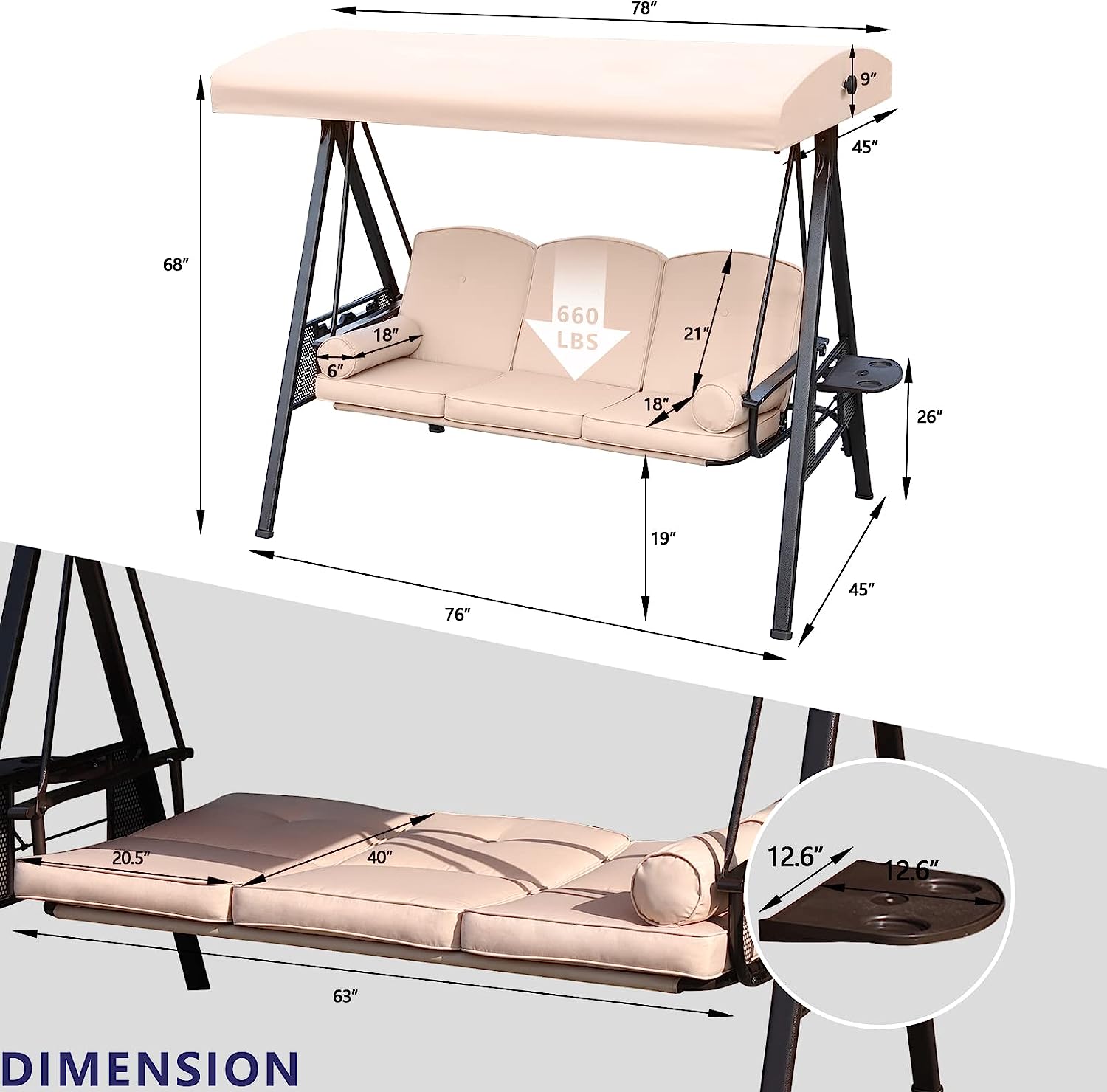 NOBLEMOOD Outdoor Porch Swing with Stand and Canopy, 3 Seat Freestanding Metal Porch Swing Bed with Cushions and Cup Trays for Backyard Outside Deck Lawn (Wine Red)