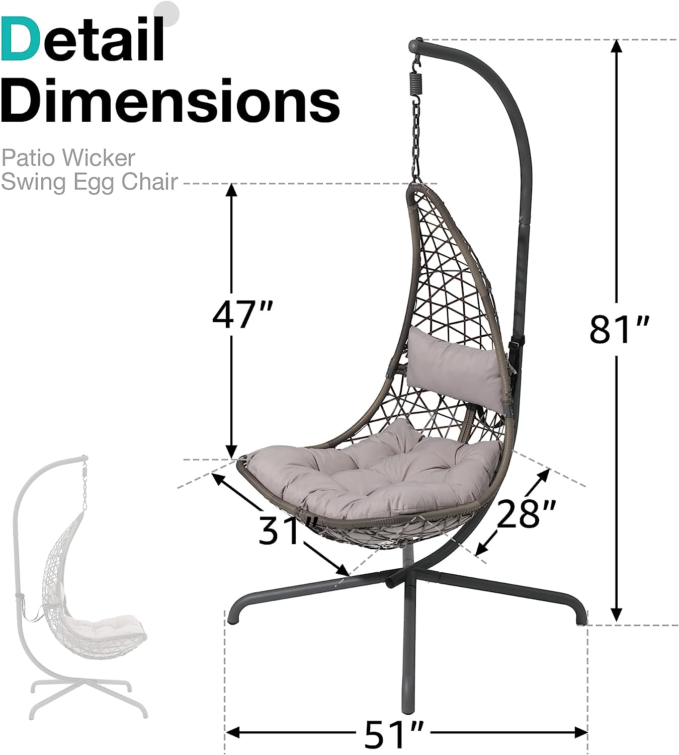 SUNSITT Swing Egg Chair Outdoor Indoor Wicker Hammock Hanging Chair Patio Lounge Chair with Stand and Cushions for Balcony, Deck, Bedroom, Grey Wicker