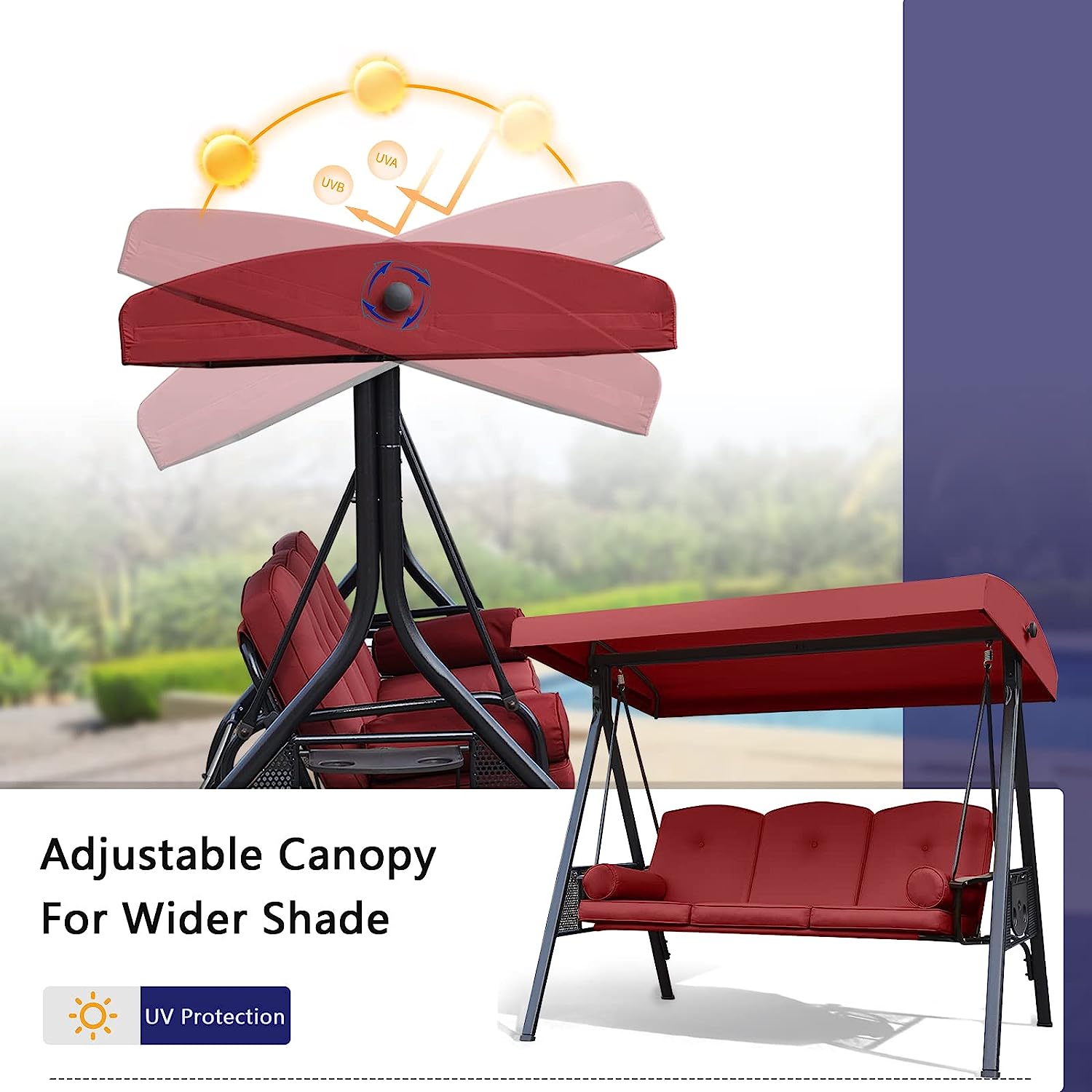 NOBLEMOOD Outdoor Porch Swing with Stand and Canopy, 3 Seat Freestanding Metal Porch Swing Bed with Cushions and Cup Trays for Backyard Outside Deck Lawn (Wine Red)