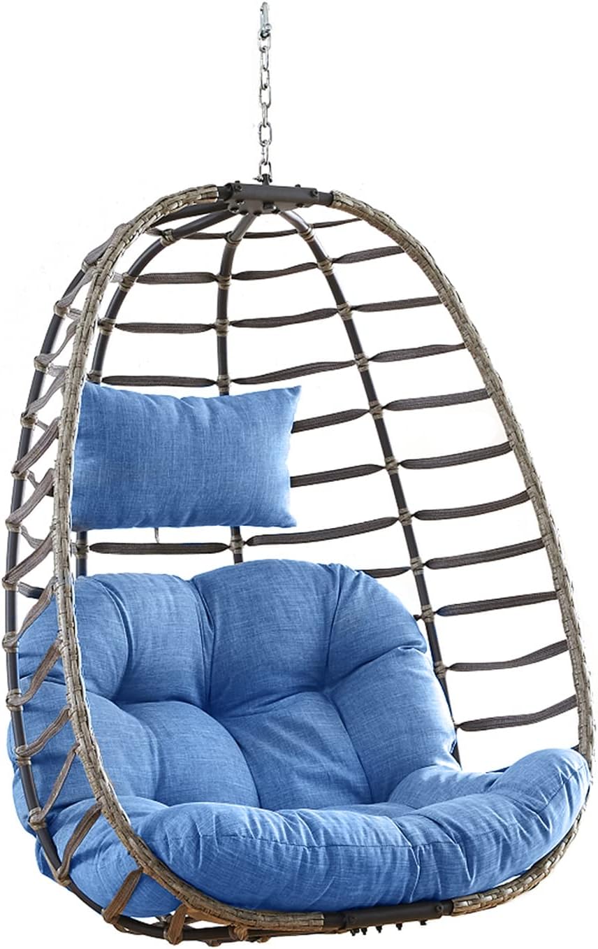 Rilyson Hanging Egg Chair Without Stand - Outdoor Egg Swing Chair with Resistant Cushion Wicker Rattan Swinging Egg Chair for Patio Garden Balcony(Grey/Blue)