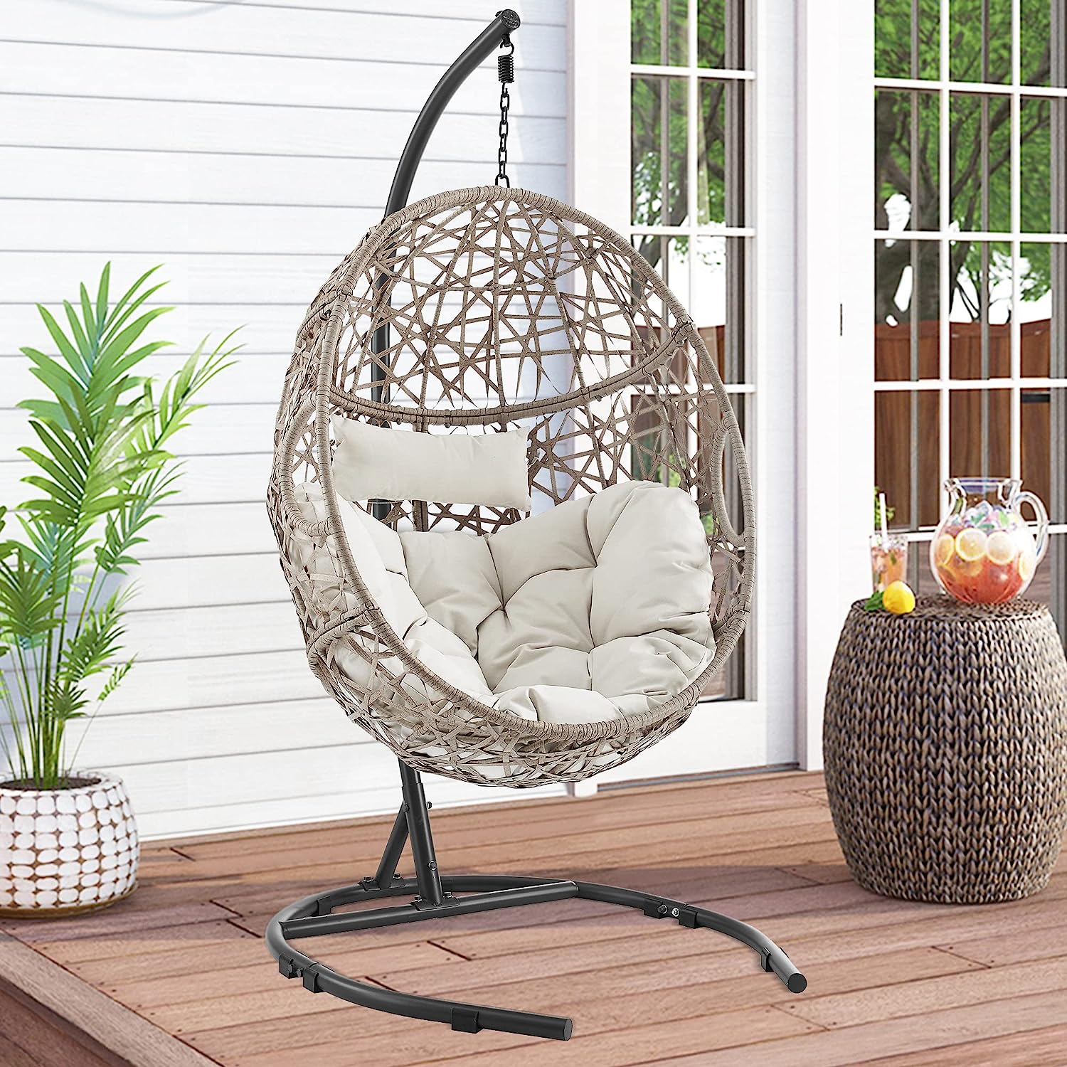 Ulax Furniture Egg Chair, Hanging Swing Chair with Stand, Hanging Lounge Chair, Outdoor Patio Wicker Tear Drop Hammock Chair with Cushion (Navy)