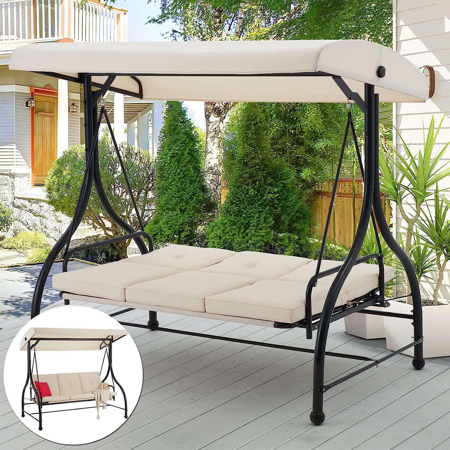 AECOJOY 3-Seat Outdoor Porch Swing with Adjustable Backrest and Canopy, Patio Swing w/Removable Cushions Outdoor Swing Bed for Porch, Backyard, Poolside, Beige
