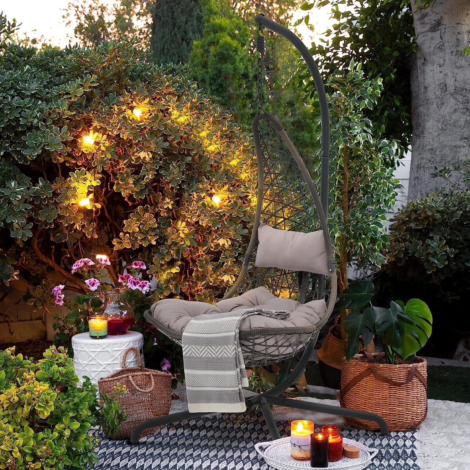 SUNSITT Swing Egg Chair Outdoor Indoor Wicker Hammock Hanging Chair Patio Lounge Chair with Stand and Cushions for Balcony, Deck, Bedroom, Grey Wicker