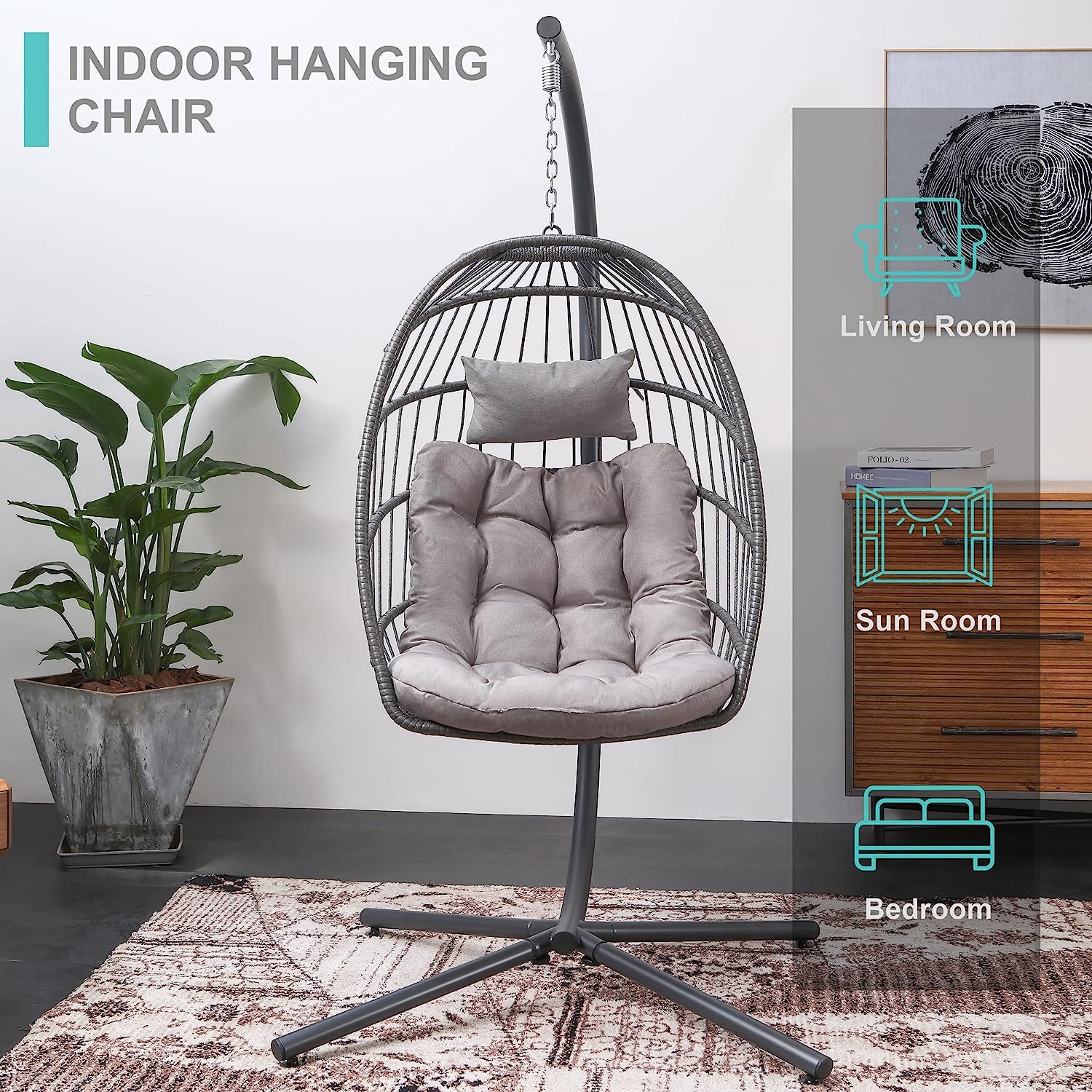 SWITTE Hanging Egg Chair with Stand, Egg Swing Hammock Chair with Stand, Indoor Outdoor Wicker Egg Chair with Cushion Headrest for Patio Bedroom Porch Garden, 350LBS Capacity(Dark Grey)